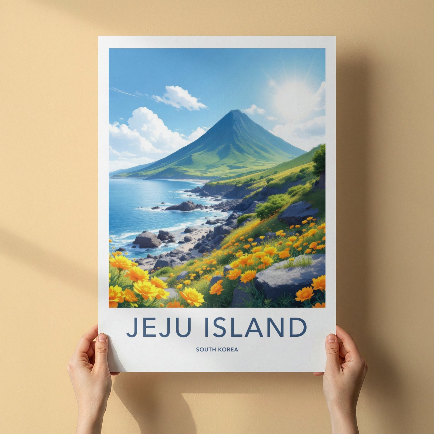 Jeju Island Poster - South Korea Travel Art - Mountain Ocean Flowers Wall Decor