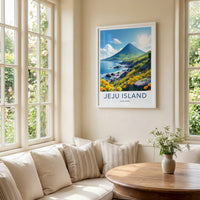 Jeju Island Poster - South Korea Travel Art - Mountain Ocean Flowers Wall Decor