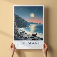 Jeju Island Poster - South Korea Travel Print - Moonlit Coastal Boats Home Decor
