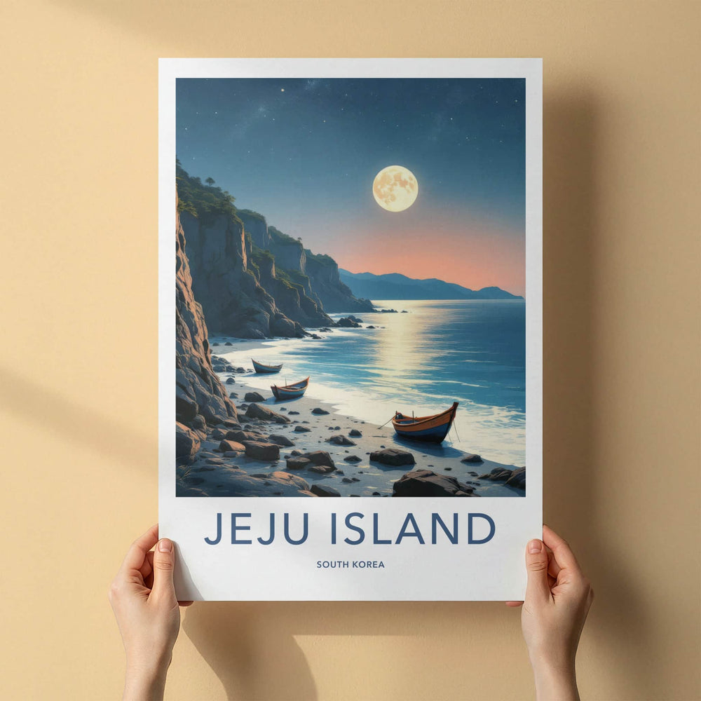 Jeju Island Poster - South Korea Travel Print - Moonlit Coastal Boats Home Decor