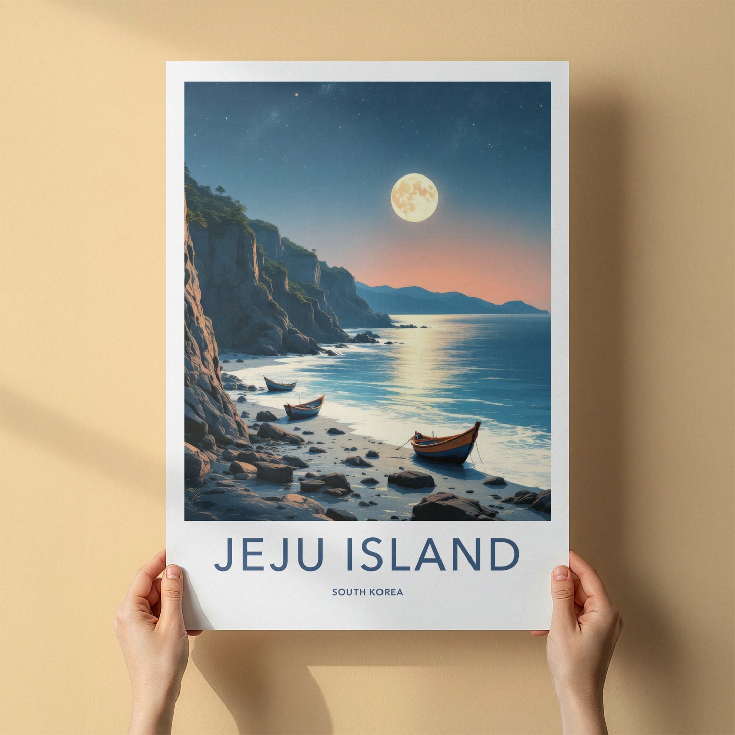 Jeju Island Poster - South Korea Travel Print - Moonlit Coastal Boats Home Decor