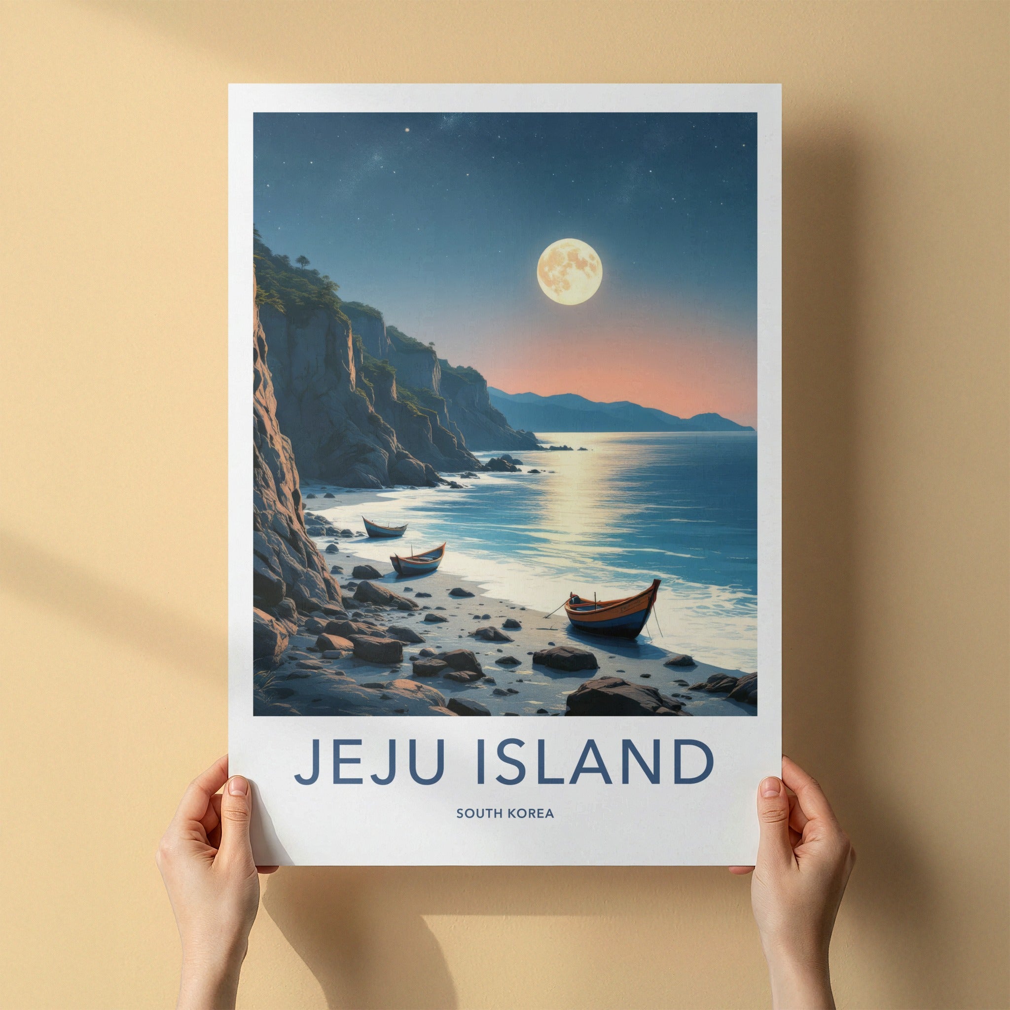 Jeju Island Poster - South Korea Travel Print - Moonlit Coastal Boats Home Decor