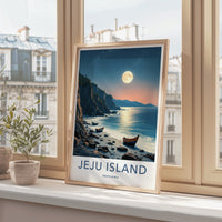 Jeju Island Poster - South Korea Travel Print - Moonlit Coastal Boats Home Decor