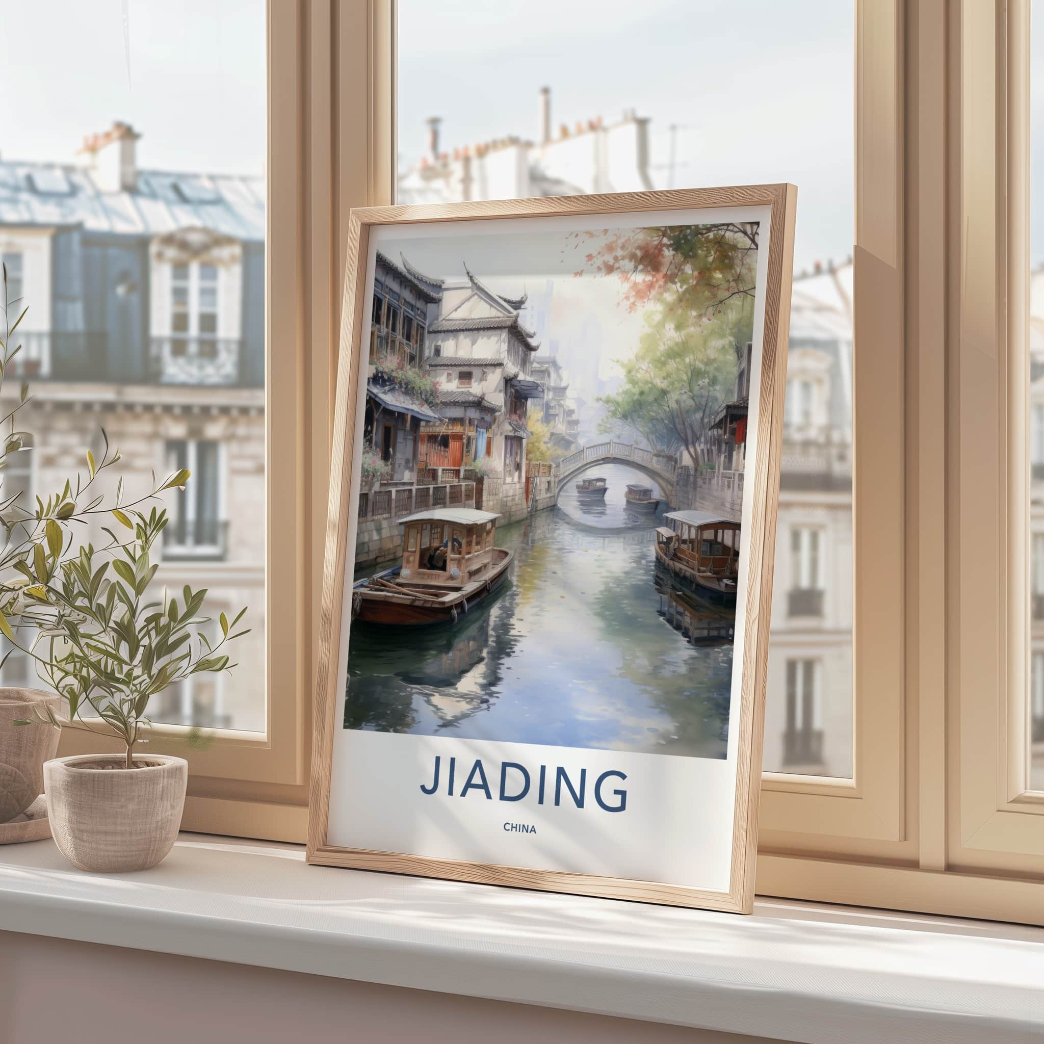 Jiading Poster - China Travel Art - Boats Stone Bridge Home Decor