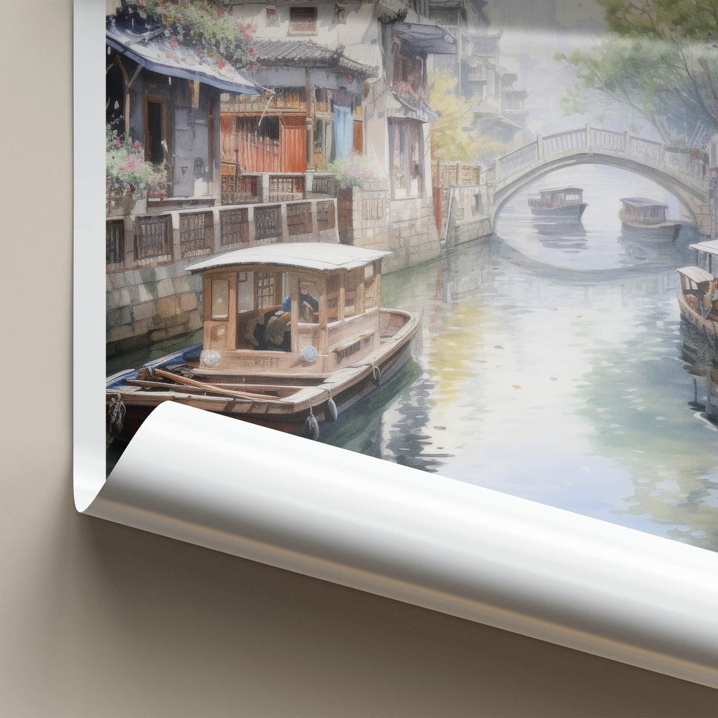 Jiading Poster - China Travel Art - Boats Stone Bridge Home Decor