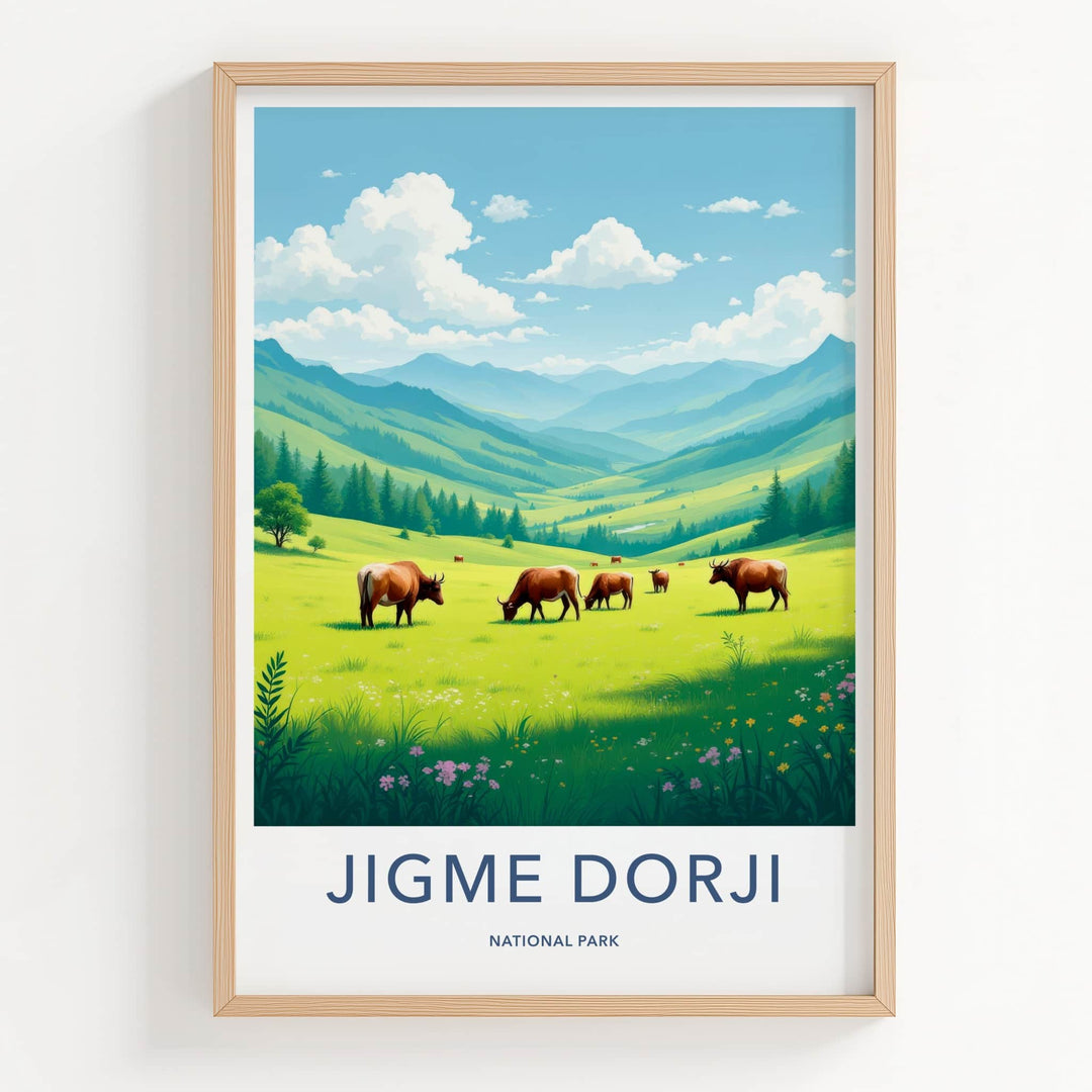 Jigme Dorji National Park Poster - Bhutan Travel Art - Cattle Grazing Valley Home Decor