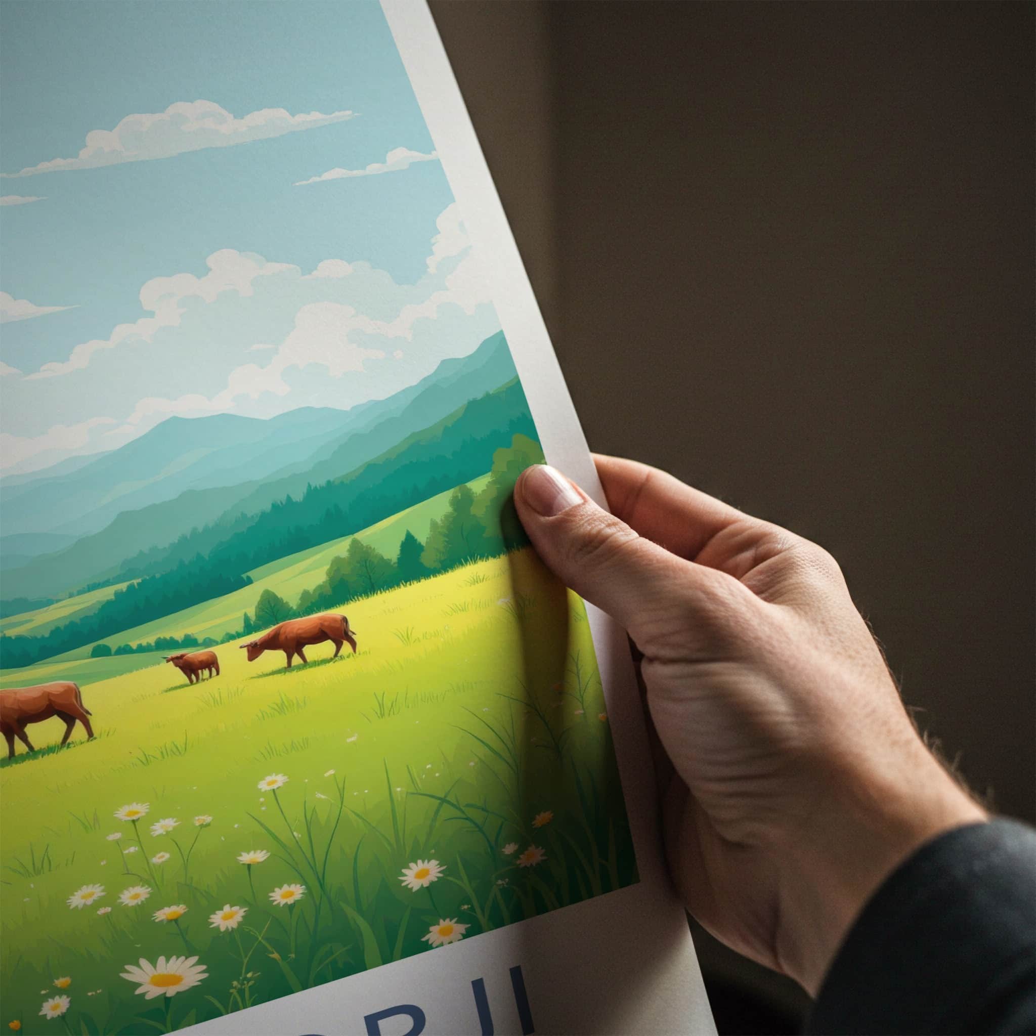 Jigme Dorji National Park Poster - Bhutan Travel Art - Green Mountains Cows Home Decor