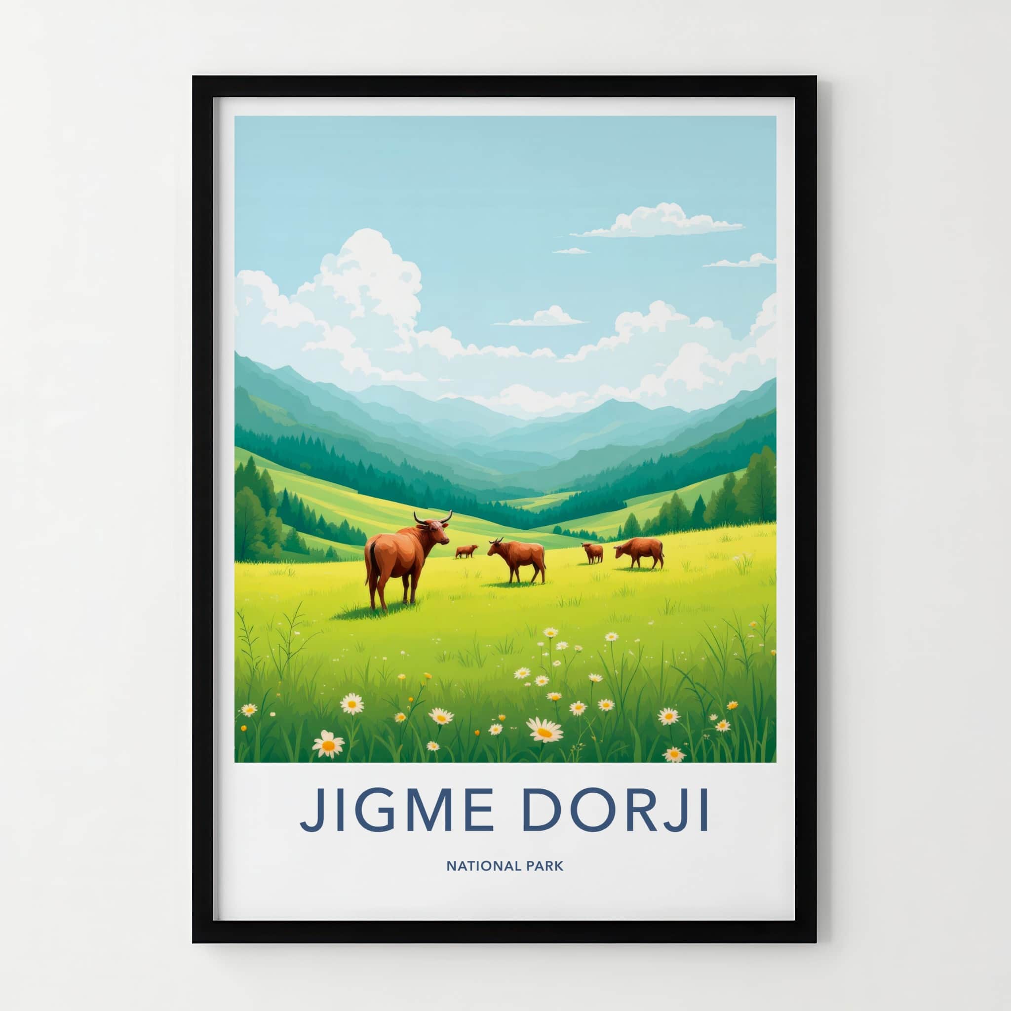 Jigme Dorji National Park Poster - Bhutan Travel Art - Green Mountains Cows Home Decor