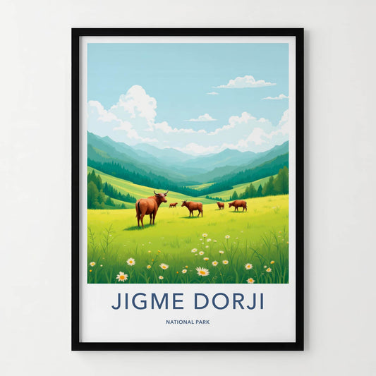 Jigme Dorji National Park Poster - Bhutan Travel Art - Green Mountains Cows Home Decor