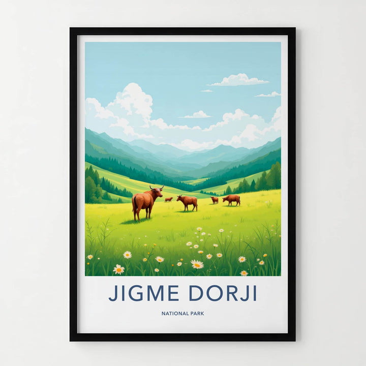 Jigme Dorji National Park Poster - Bhutan Travel Art - Green Mountains Cows Home Decor