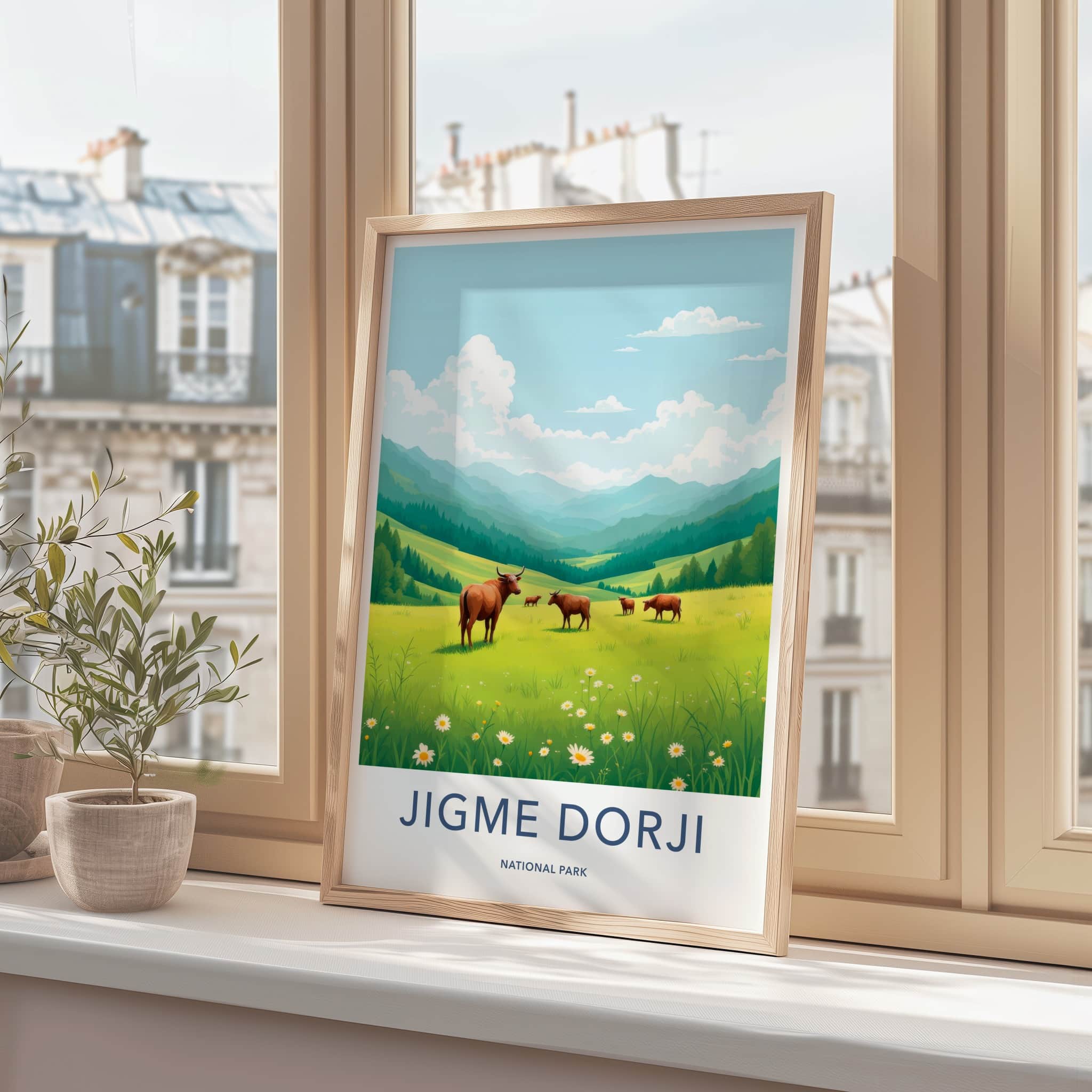 Jigme Dorji National Park Poster - Bhutan Travel Art - Green Mountains Cows Home Decor