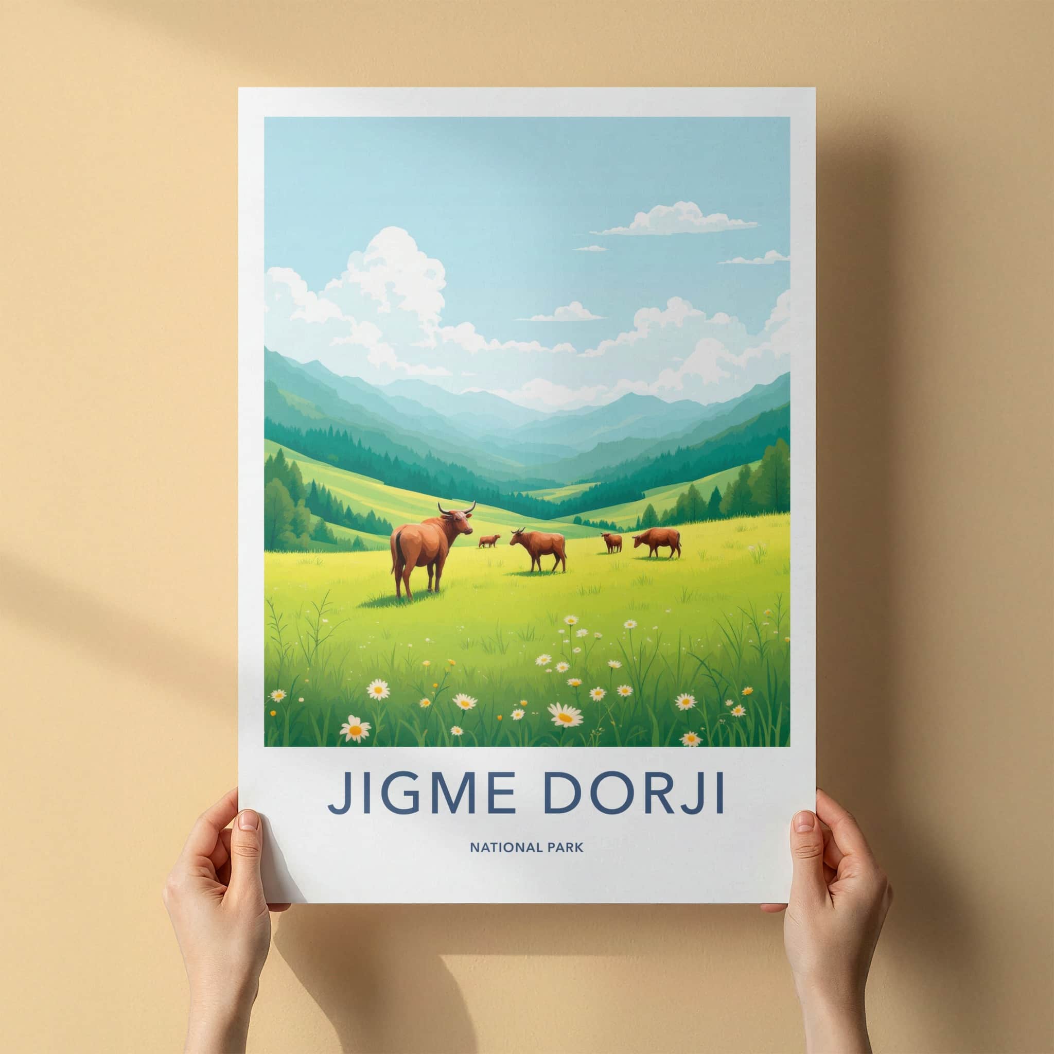 Jigme Dorji National Park Poster - Bhutan Travel Art - Green Mountains Cows Home Decor