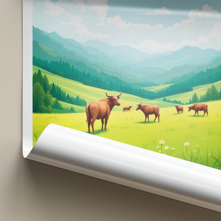 Jigme Dorji National Park Poster - Bhutan Travel Art - Green Mountains Cows Home Decor