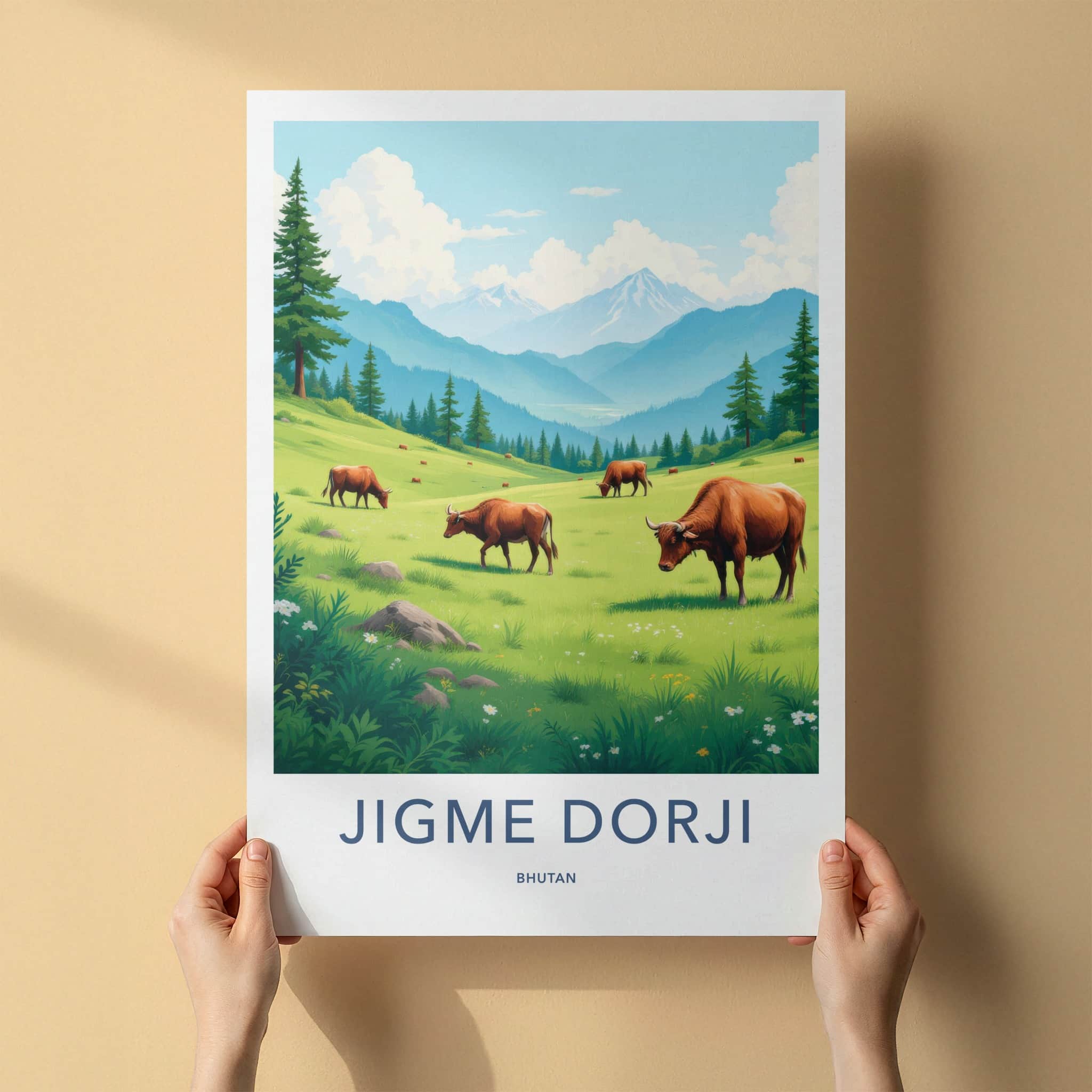 Jigme Dorji Poster - Bhutan Travel Art - Grazing Cows Mountains Home Decor