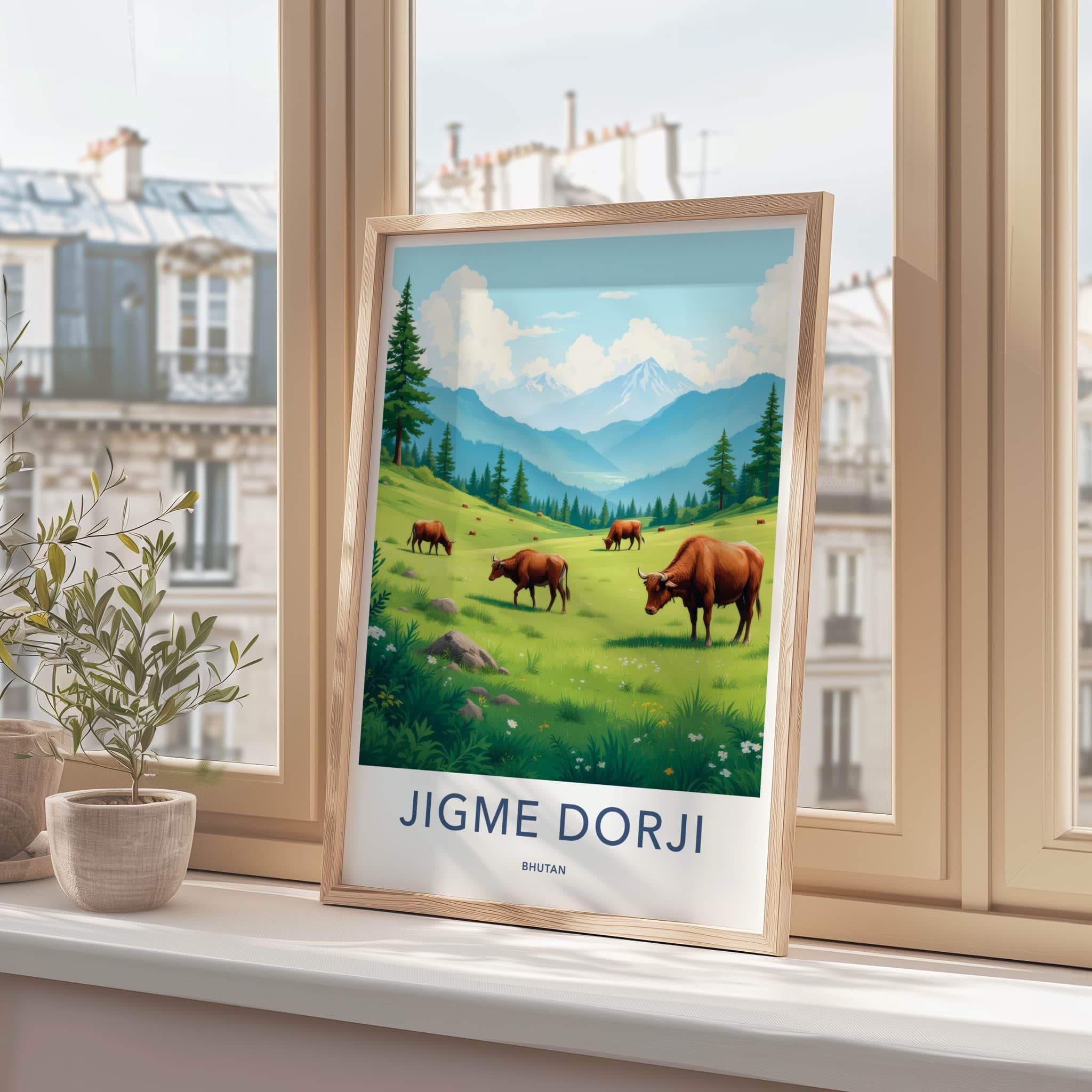 Jigme Dorji Poster - Bhutan Travel Art - Grazing Cows Mountains Home Decor