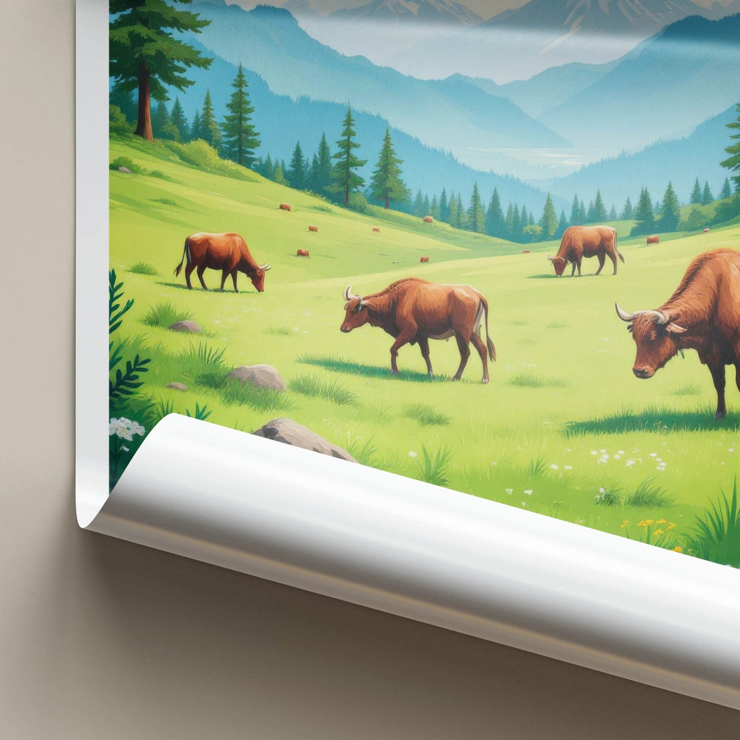 Jigme Dorji Poster - Bhutan Travel Art - Grazing Cows Mountains Home Decor