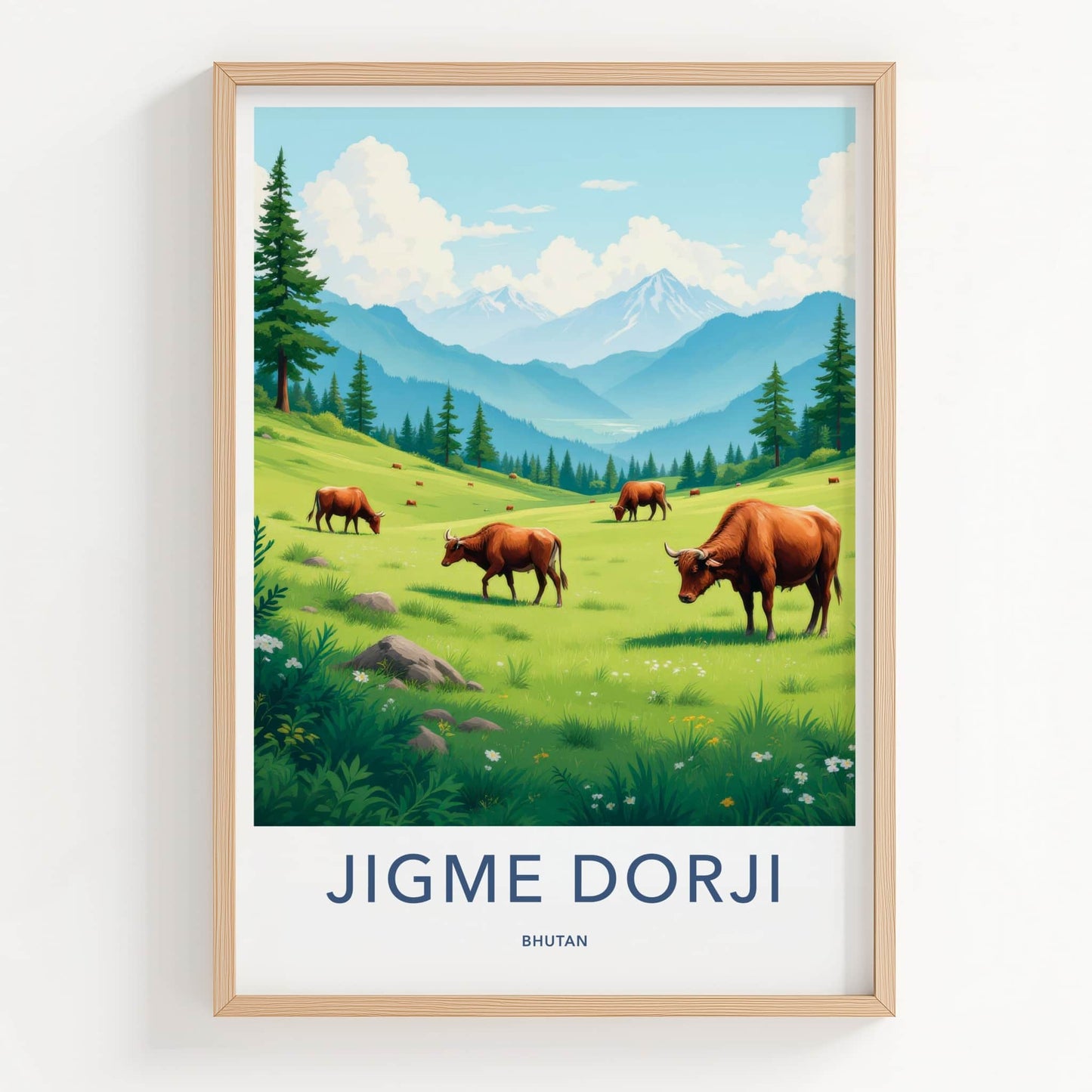 Jigme Dorji Poster - Bhutan Travel Art - Grazing Cows Mountains Home Decor