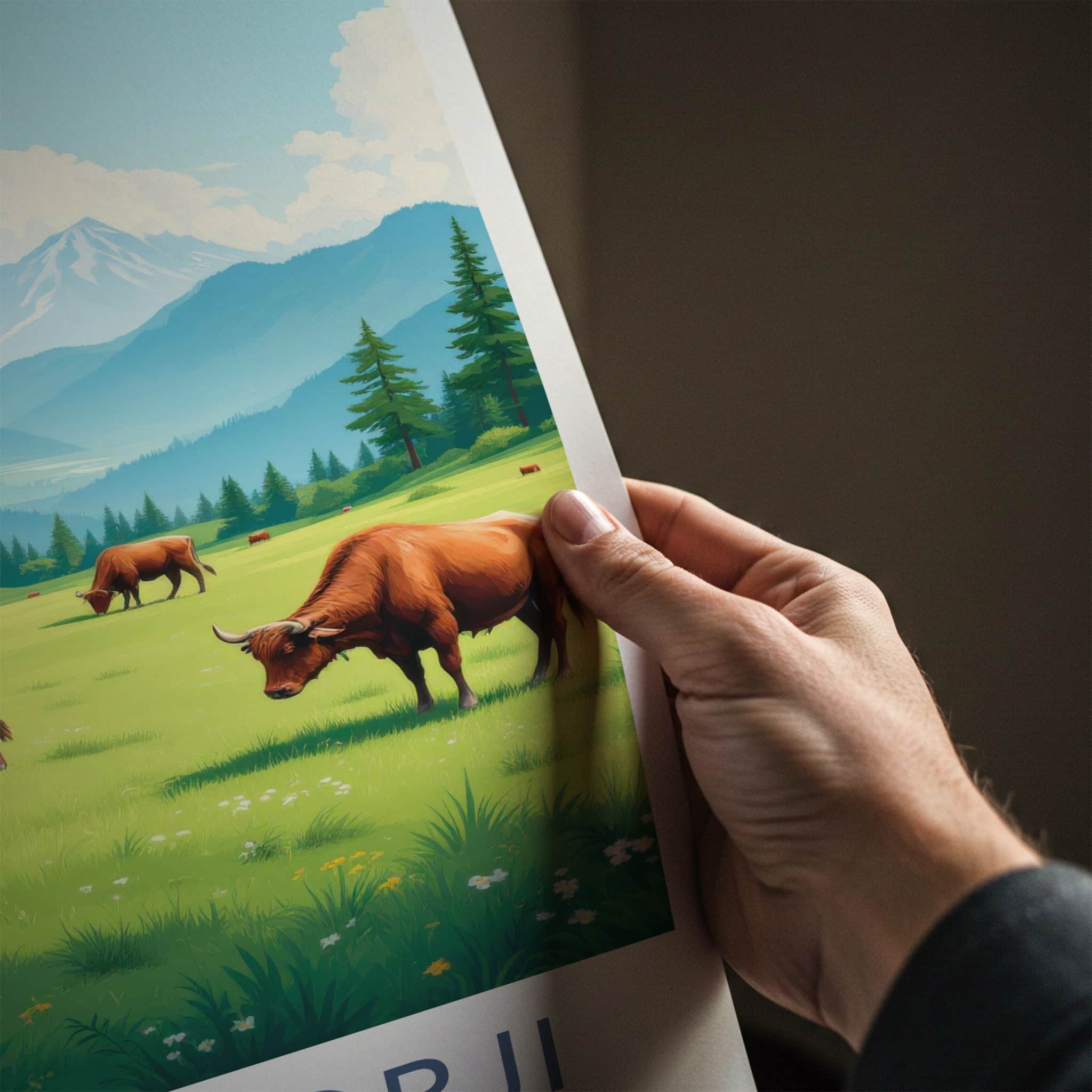 Jigme Dorji Poster - Bhutan Travel Art - Grazing Cows Mountains Home Decor