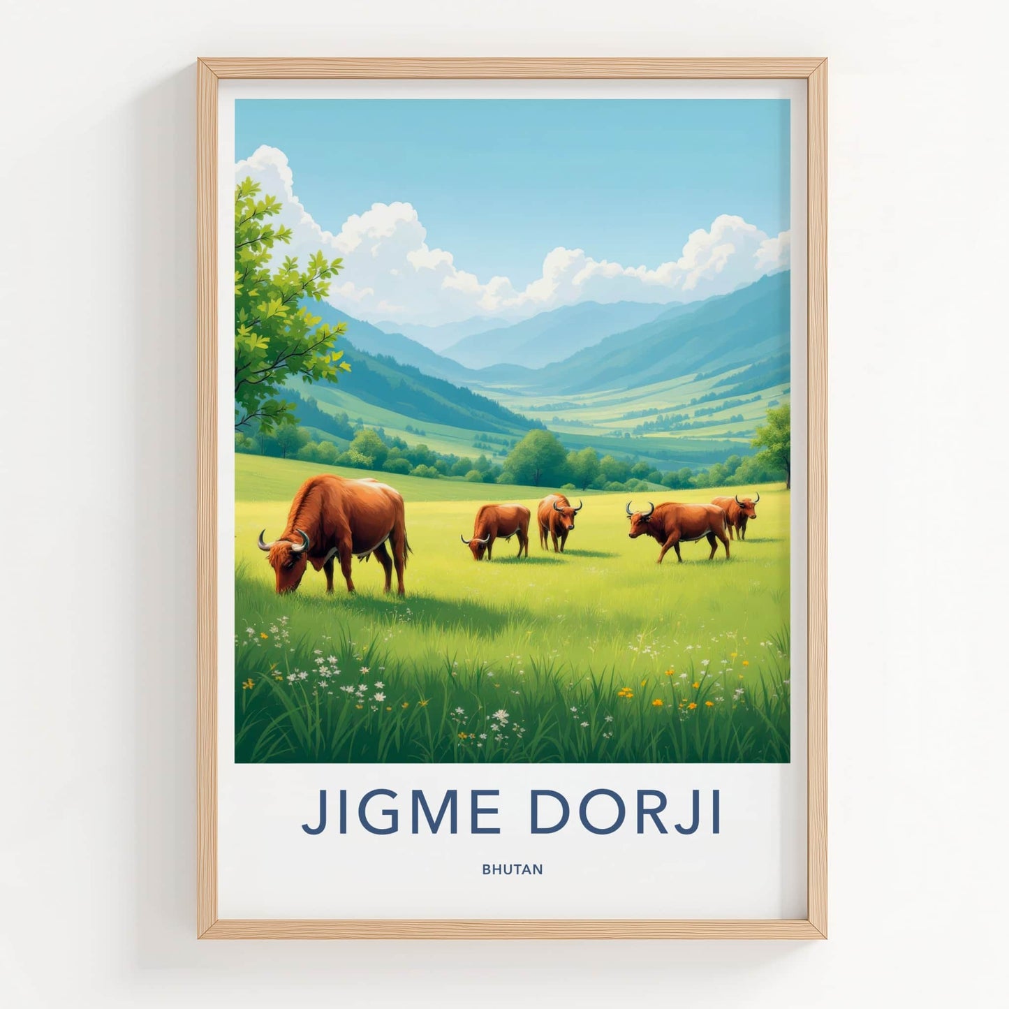 Jigme Dorji Poster - Bhutan Travel Art - Grazing Mountain Valley Home Decor