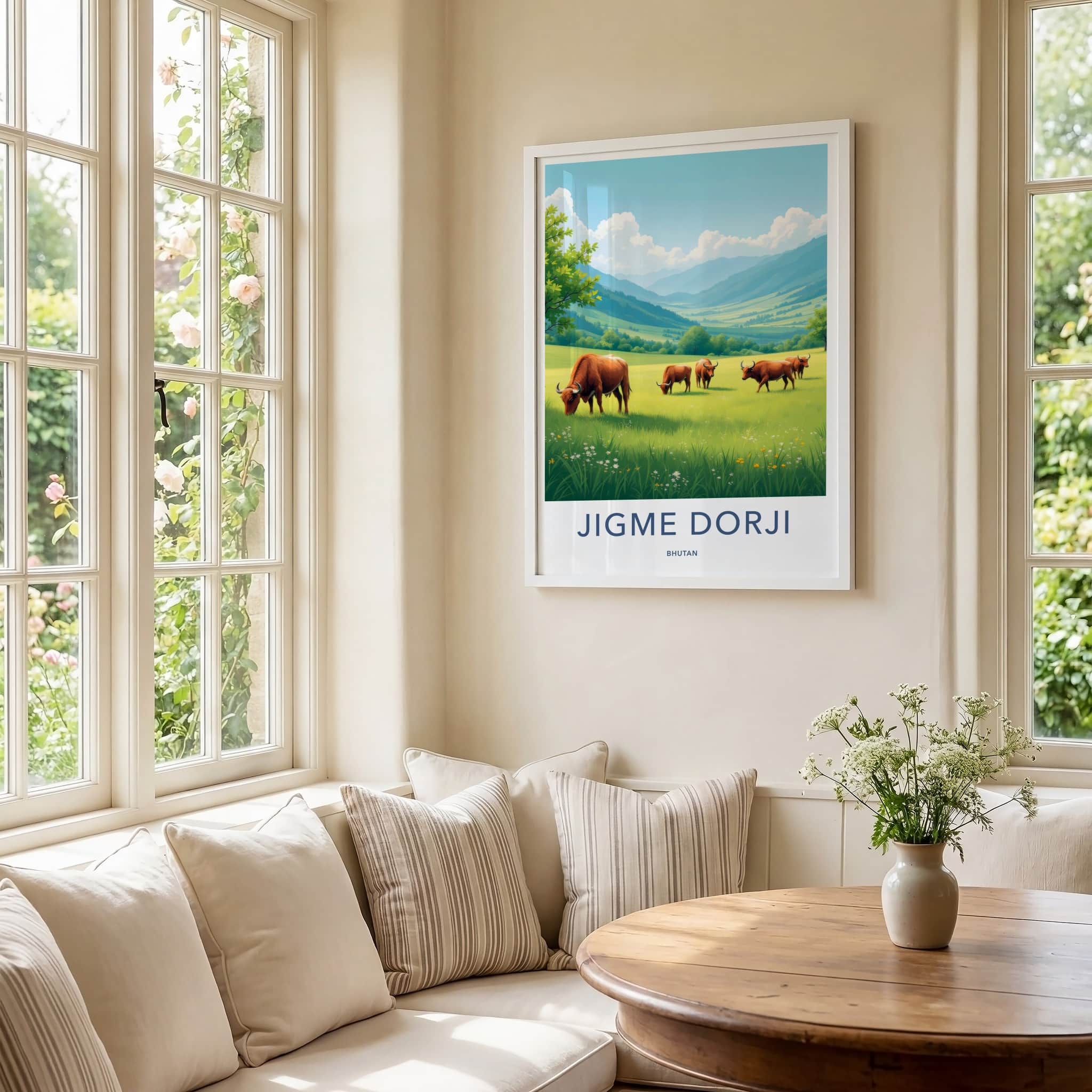 Jigme Dorji Poster - Bhutan Travel Art - Grazing Mountain Valley Home Decor