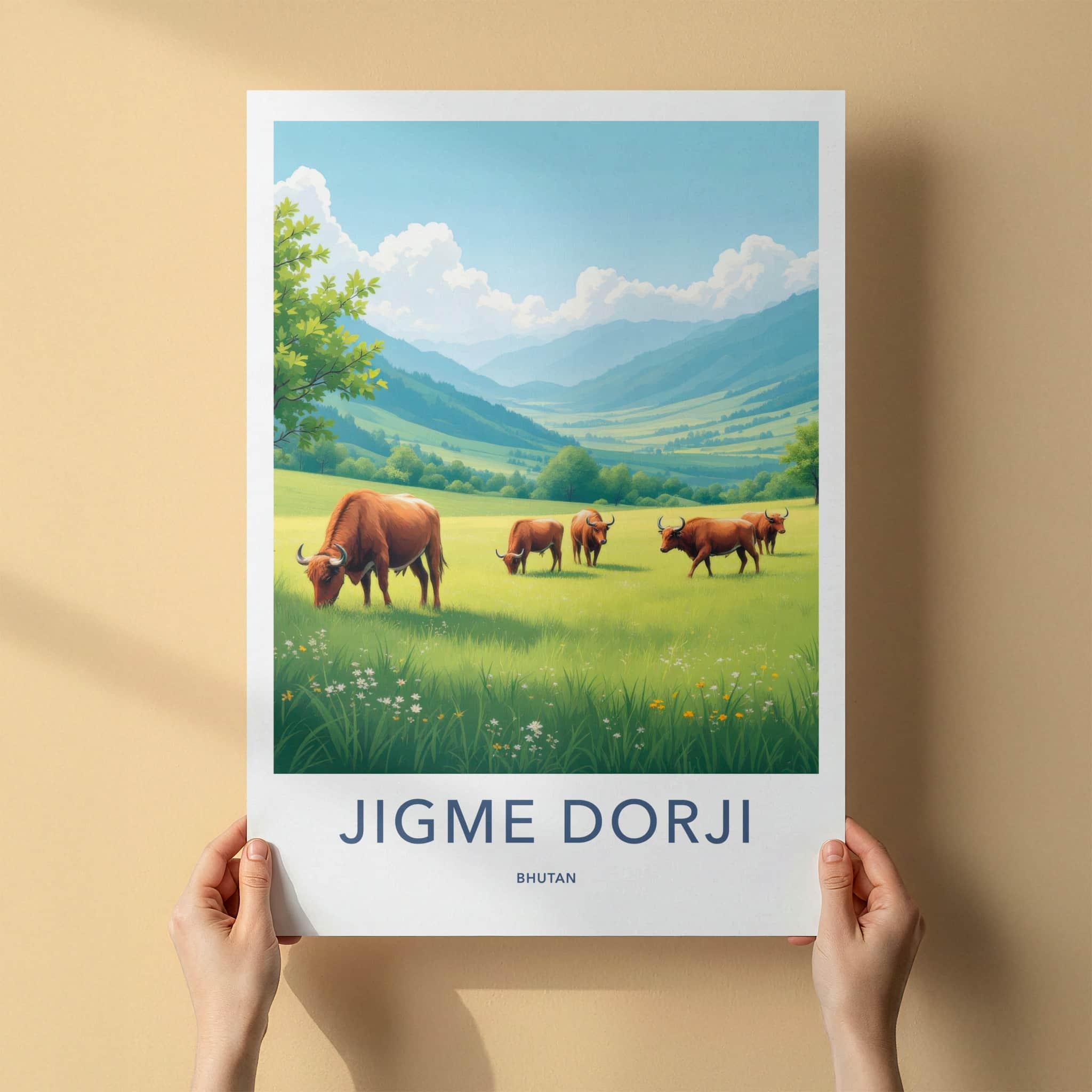 Jigme Dorji Poster - Bhutan Travel Art - Grazing Mountain Valley Home Decor
