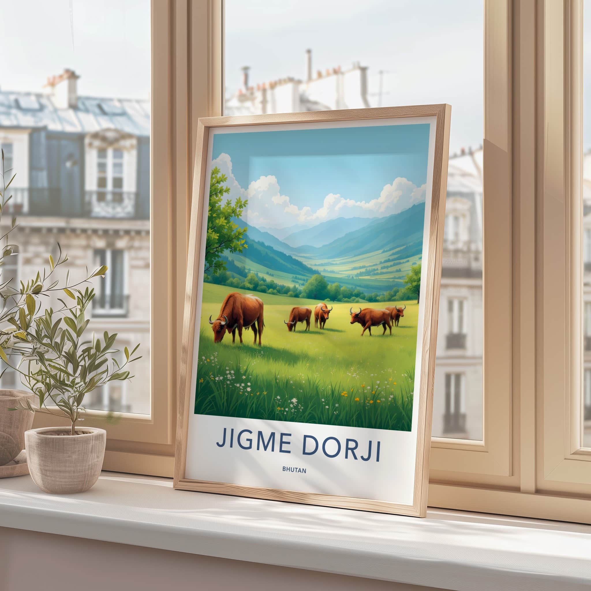 Jigme Dorji Poster - Bhutan Travel Art - Grazing Mountain Valley Home Decor