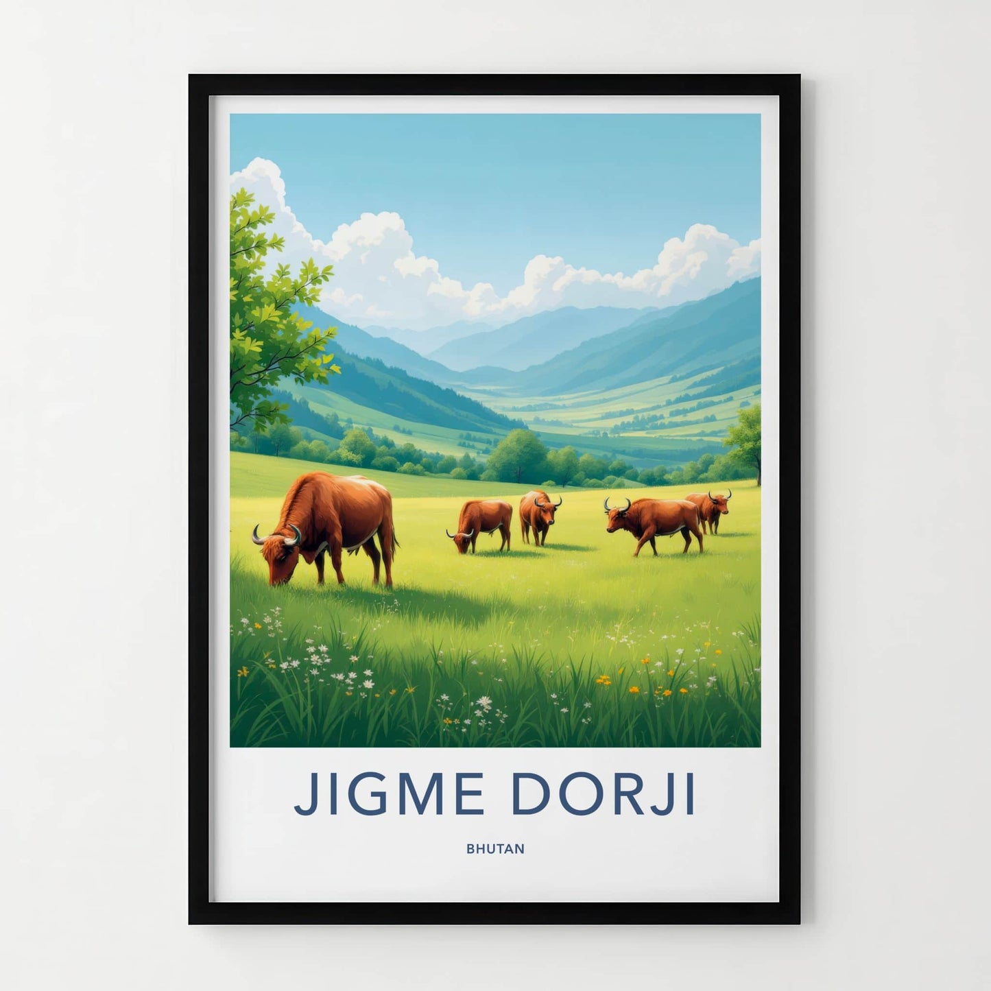 Jigme Dorji Poster - Bhutan Travel Art - Grazing Mountain Valley Home Decor