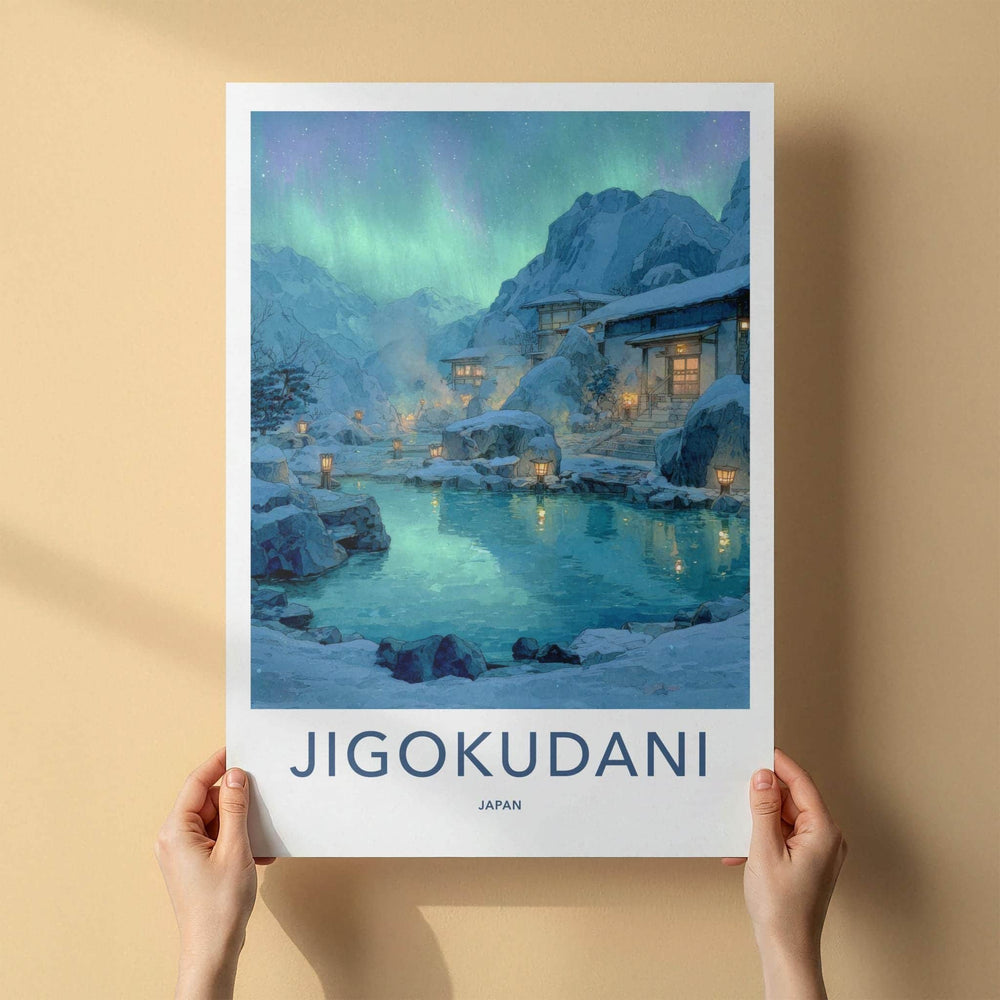 Jigokudani Poster - Japan Travel Art - Northern Lights Onsen Home Decor