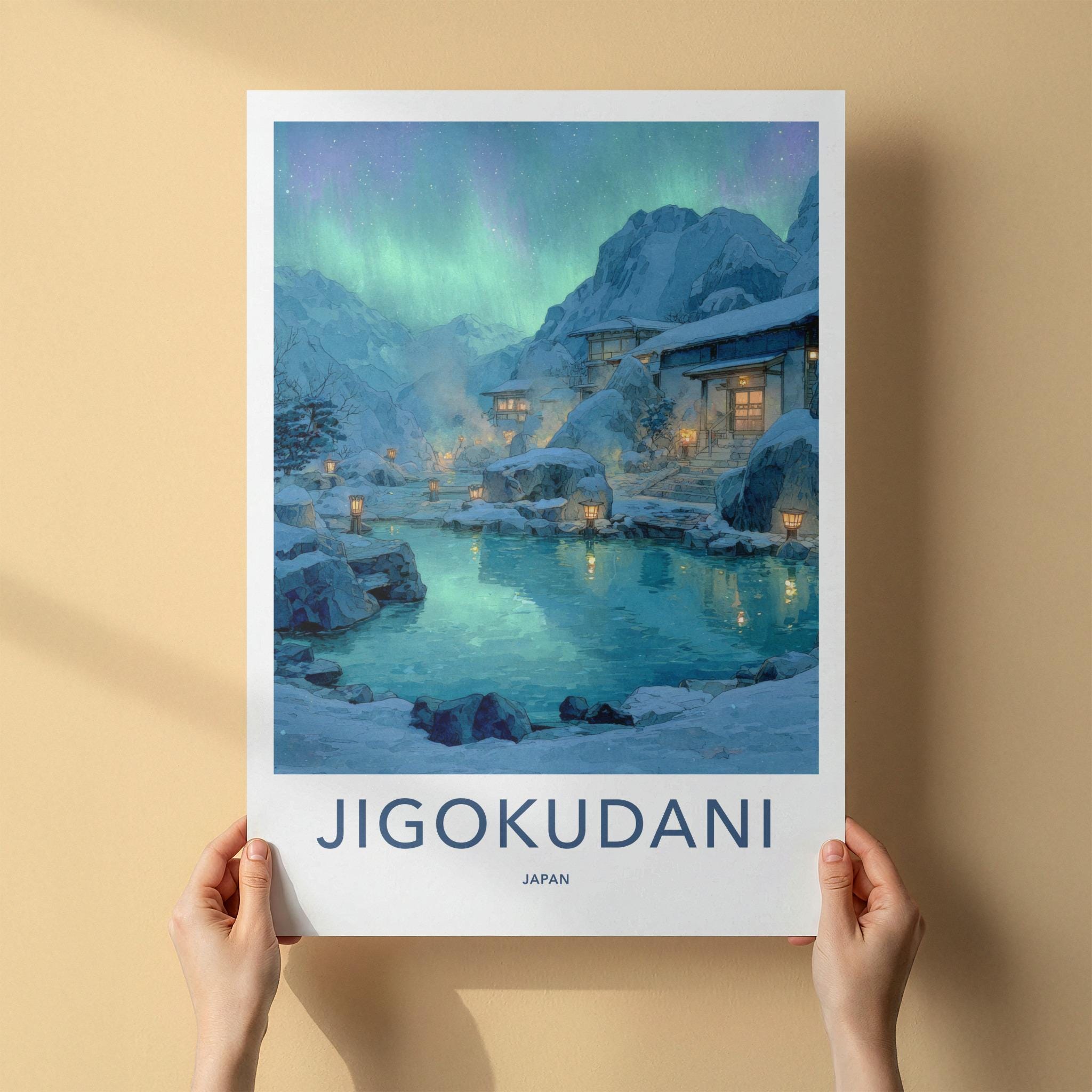 Jigokudani Poster - Japan Travel Art - Northern Lights Onsen Home Decor