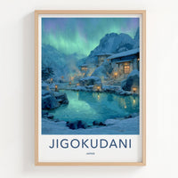 Jigokudani Poster - Japan Travel Art - Northern Lights Onsen Home Decor