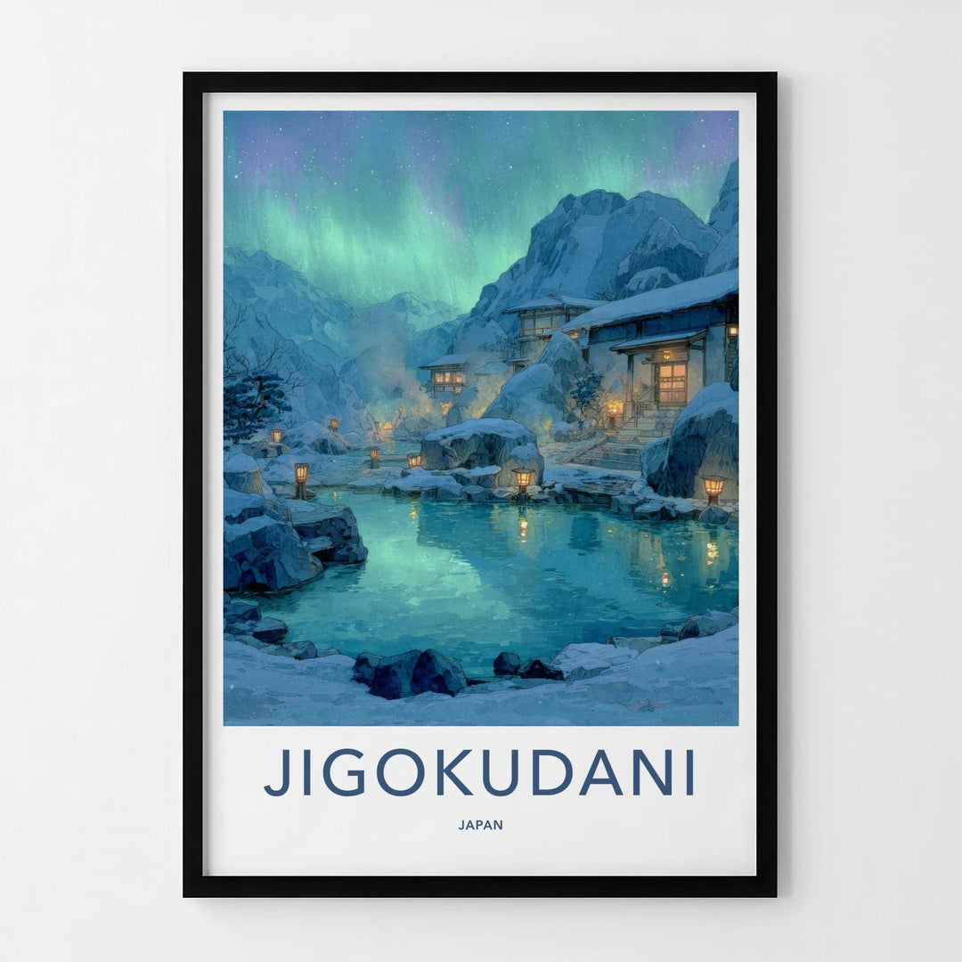 Jigokudani Poster - Japan Travel Art - Northern Lights Onsen Home Decor