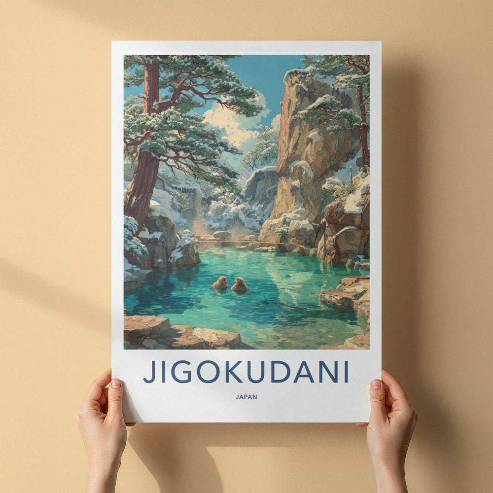 Jigokudani Poster - Japan Travel Art - Snow Monkeys Bathing Home Decor