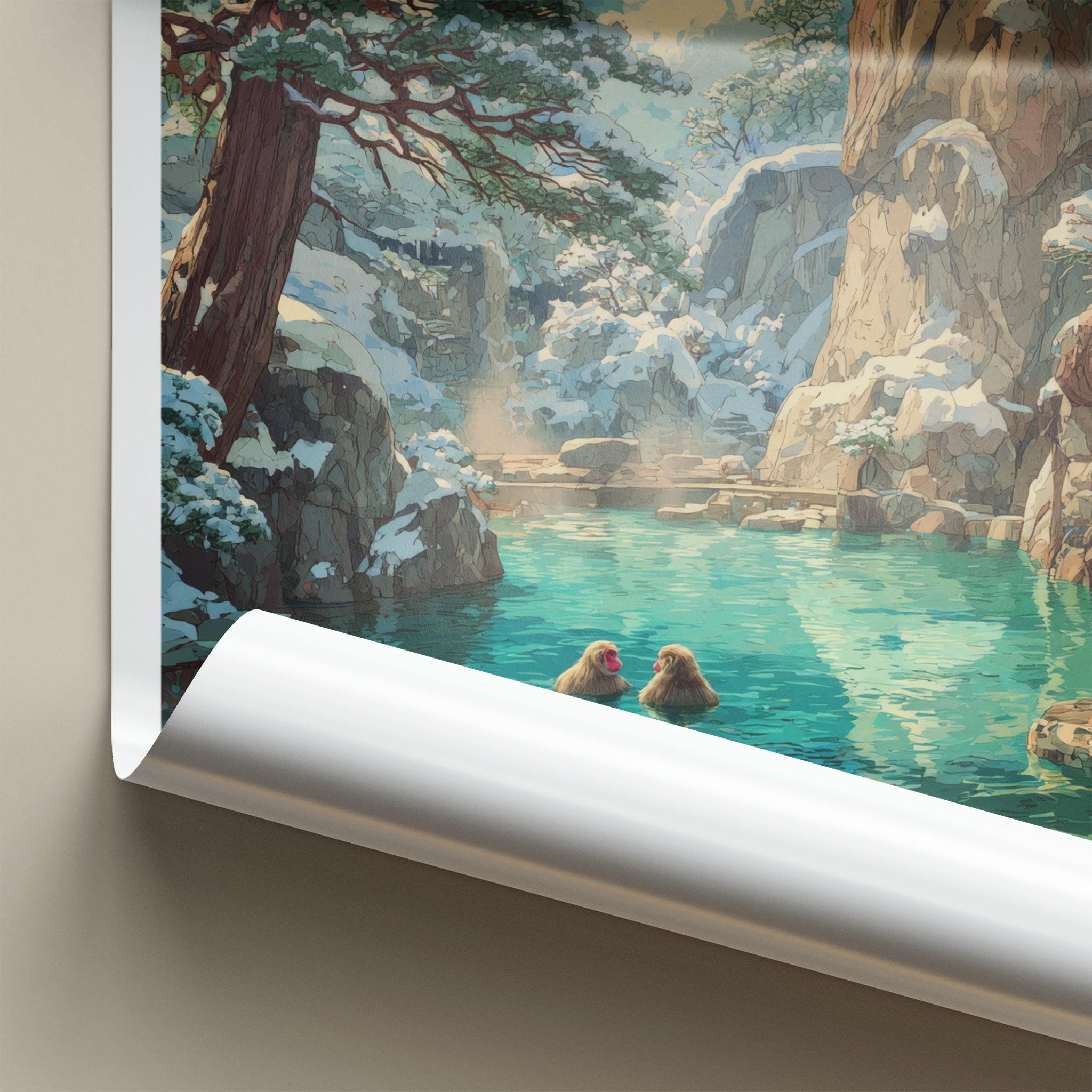 Jigokudani Poster - Japan Travel Art - Snow Monkeys Bathing Home Decor