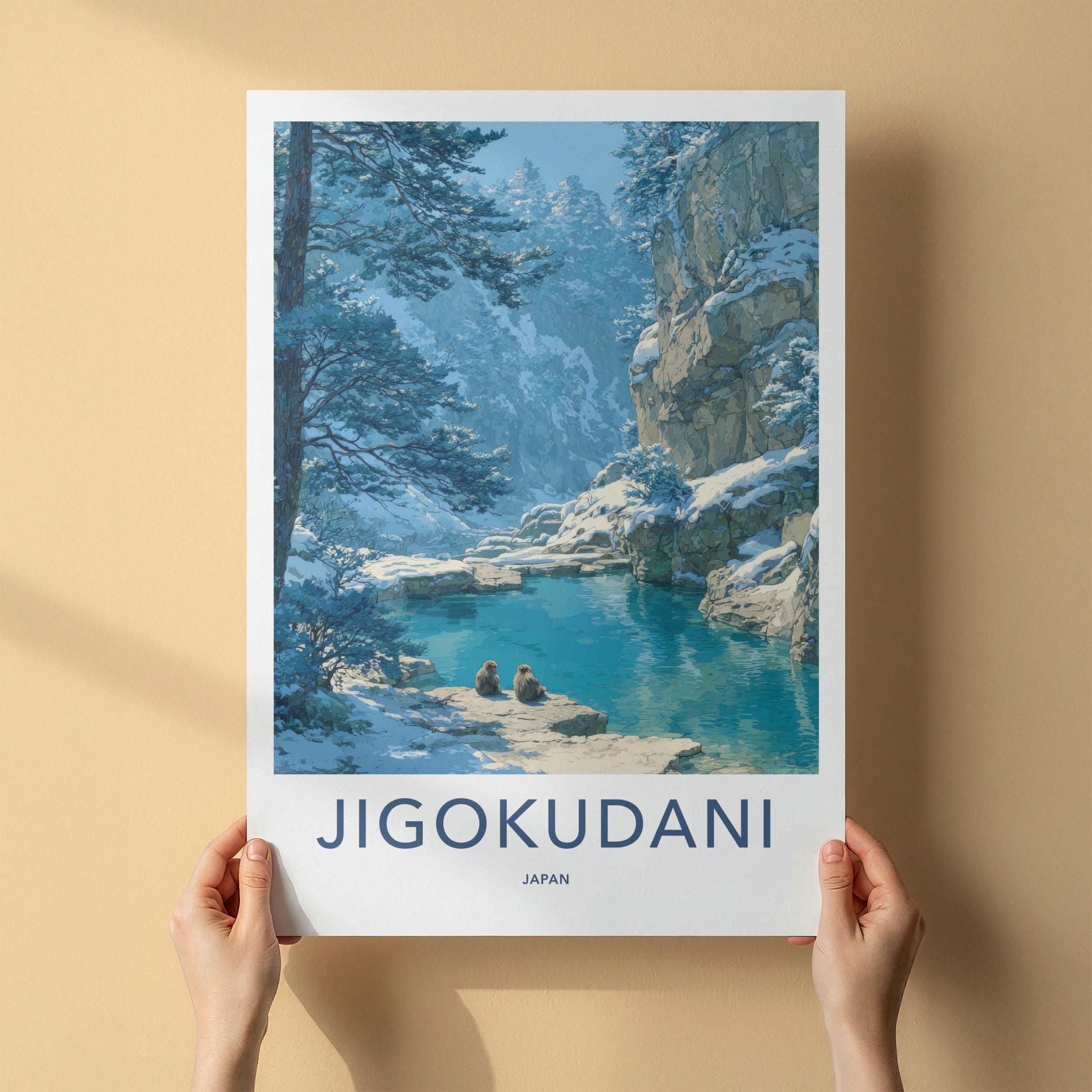 Jigokudani Poster - Japan Travel Art - Snow Monkeys Spring Wall Decor