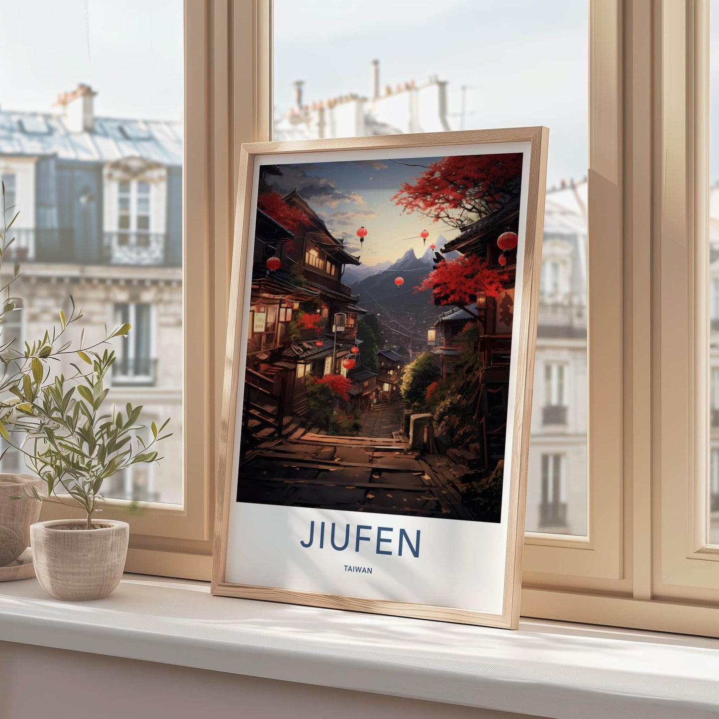 Jiufen Poster - Taiwan Travel Art - Glowing Lantern Pathway Home Decor