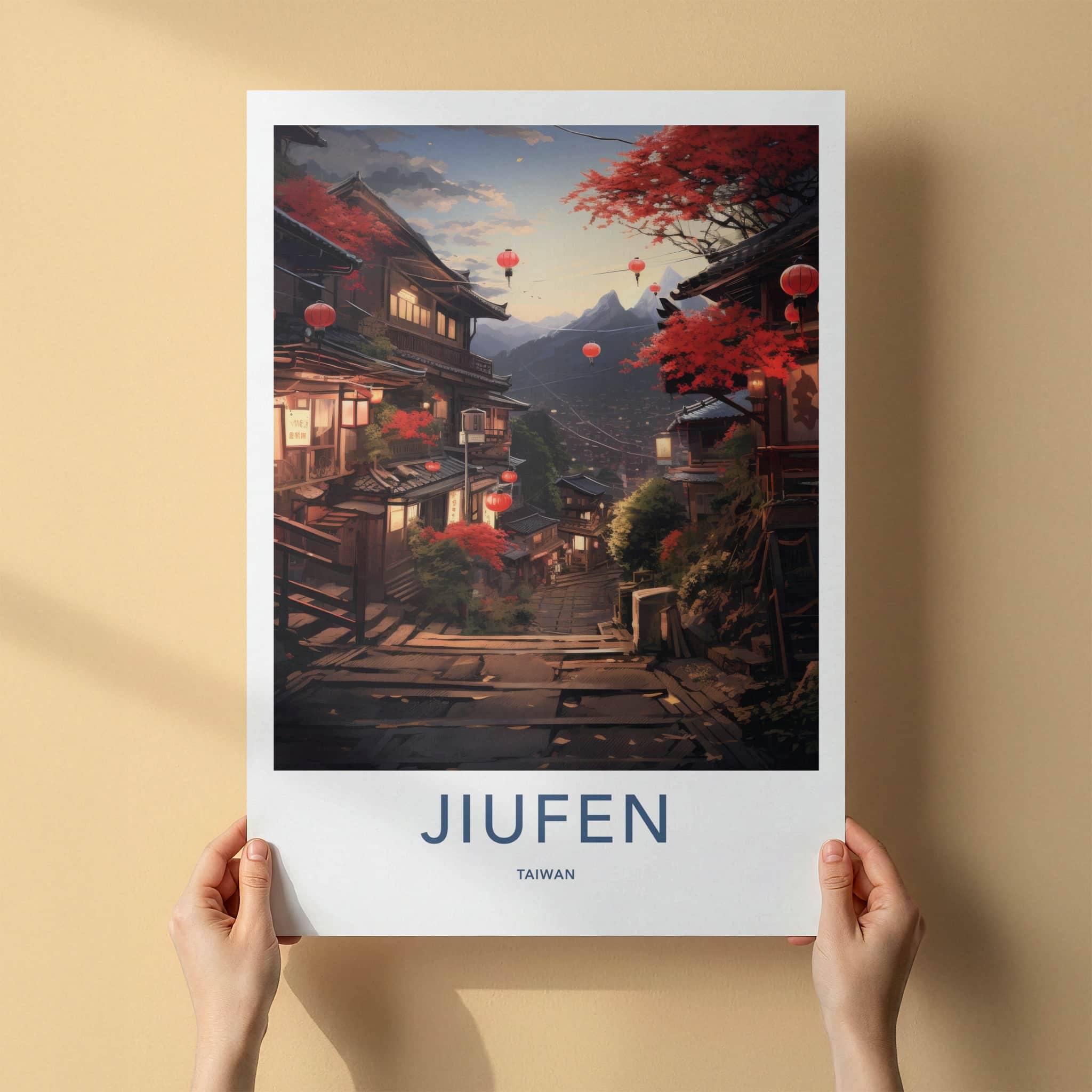Jiufen Poster - Taiwan Travel Art - Glowing Lantern Pathway Home Decor