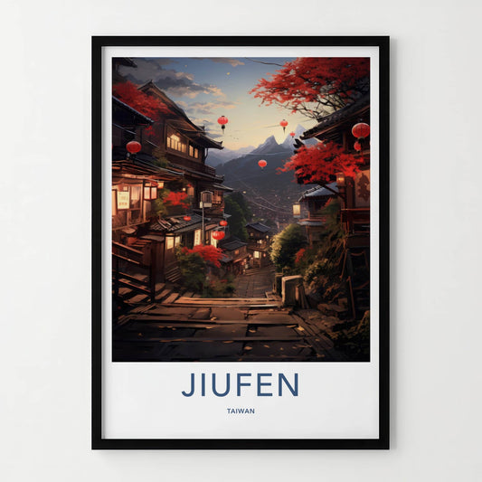 Jiufen Poster - Taiwan Travel Art - Glowing Lantern Pathway Home Decor