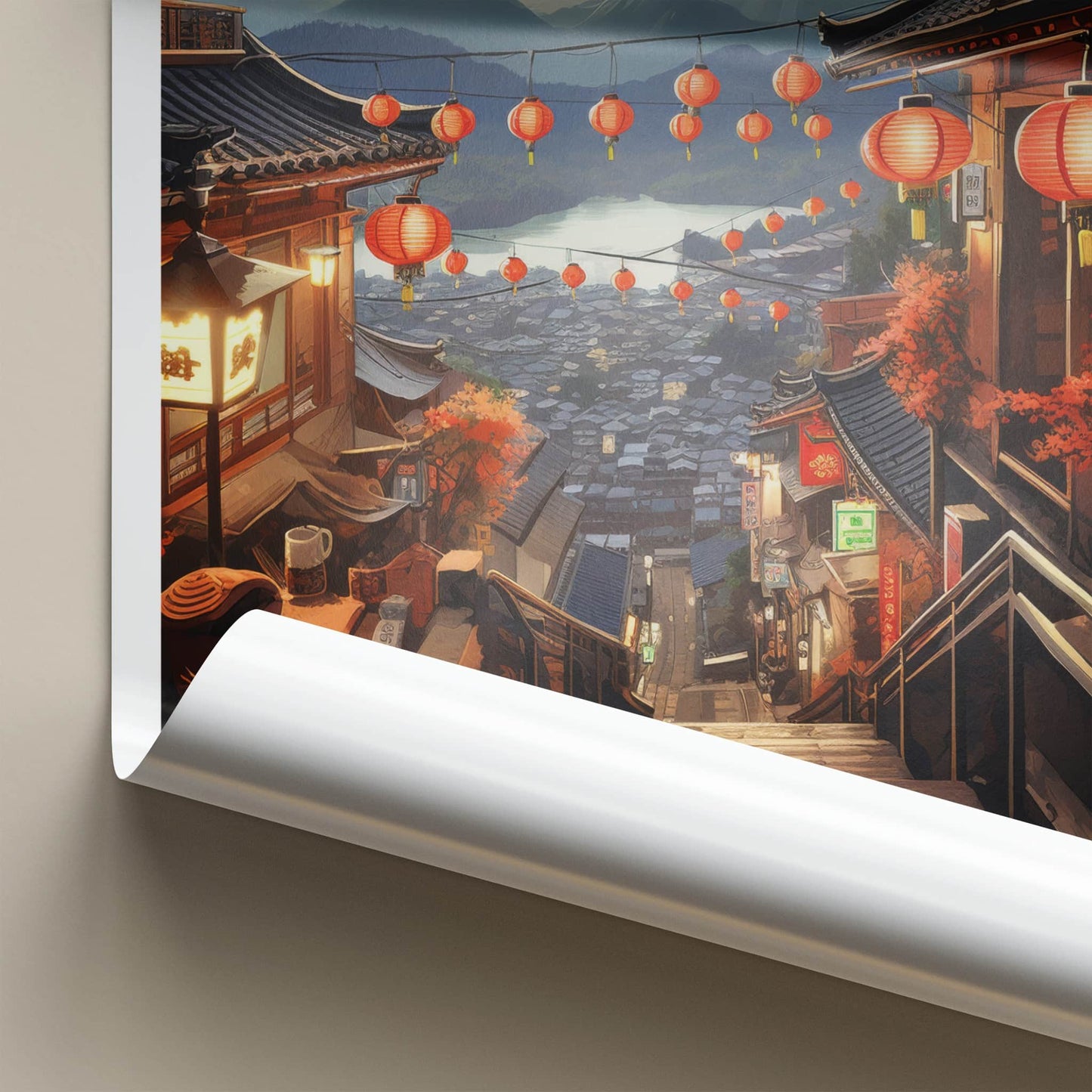 Jiufen Poster - Taiwan Travel Art - Lantern Lit Stairs Home Decor