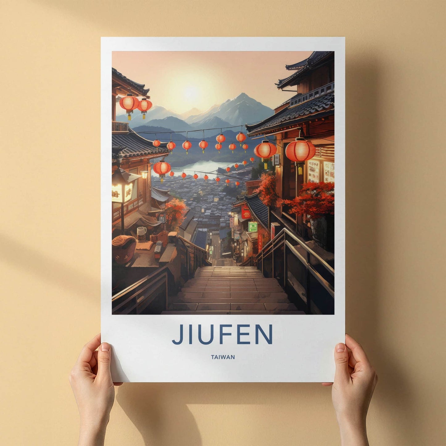 Jiufen Poster - Taiwan Travel Art - Lantern Lit Stairs Home Decor