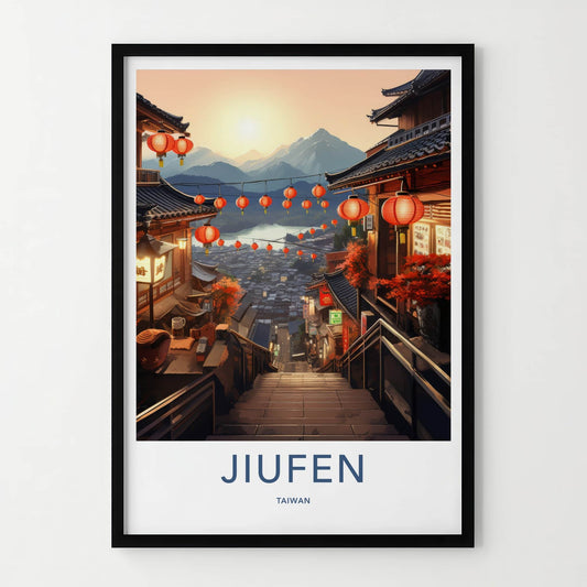 Jiufen Poster - Taiwan Travel Art - Lantern Lit Stairs Home Decor