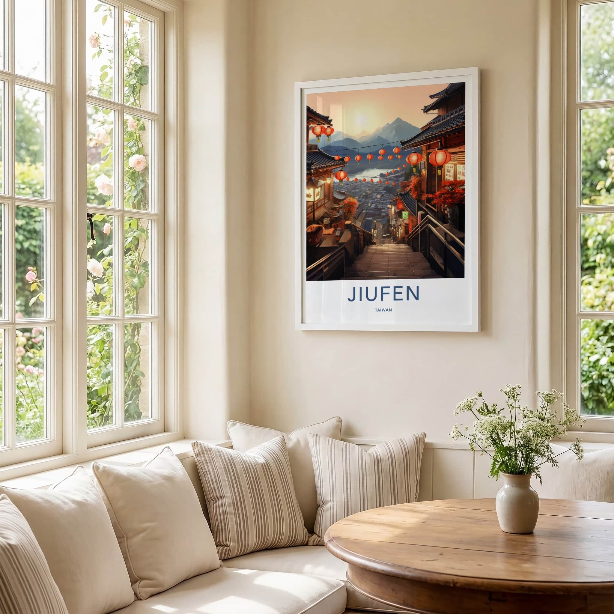 Jiufen Poster - Taiwan Travel Art - Lantern Lit Stairs Home Decor