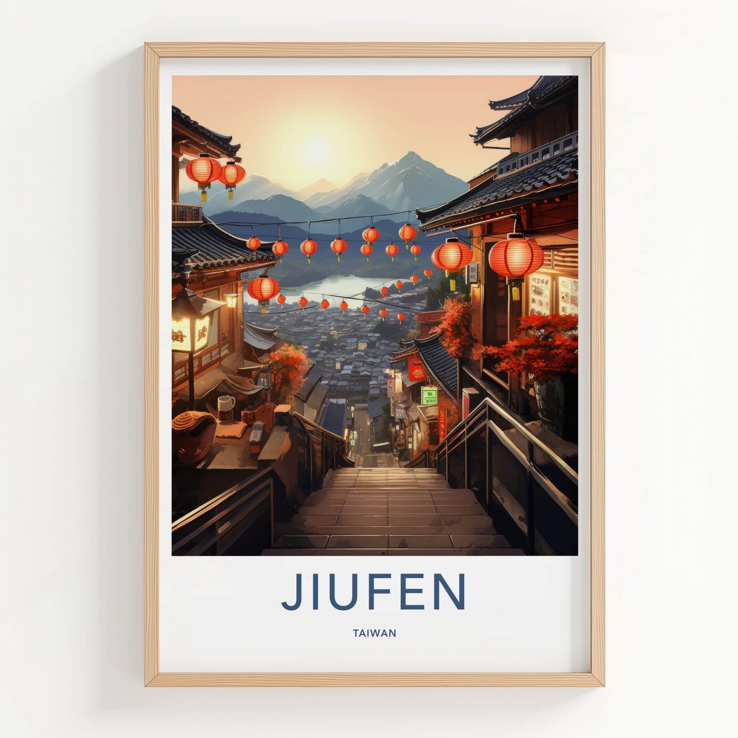 Jiufen Poster - Taiwan Travel Art - Lantern Lit Stairs Home Decor