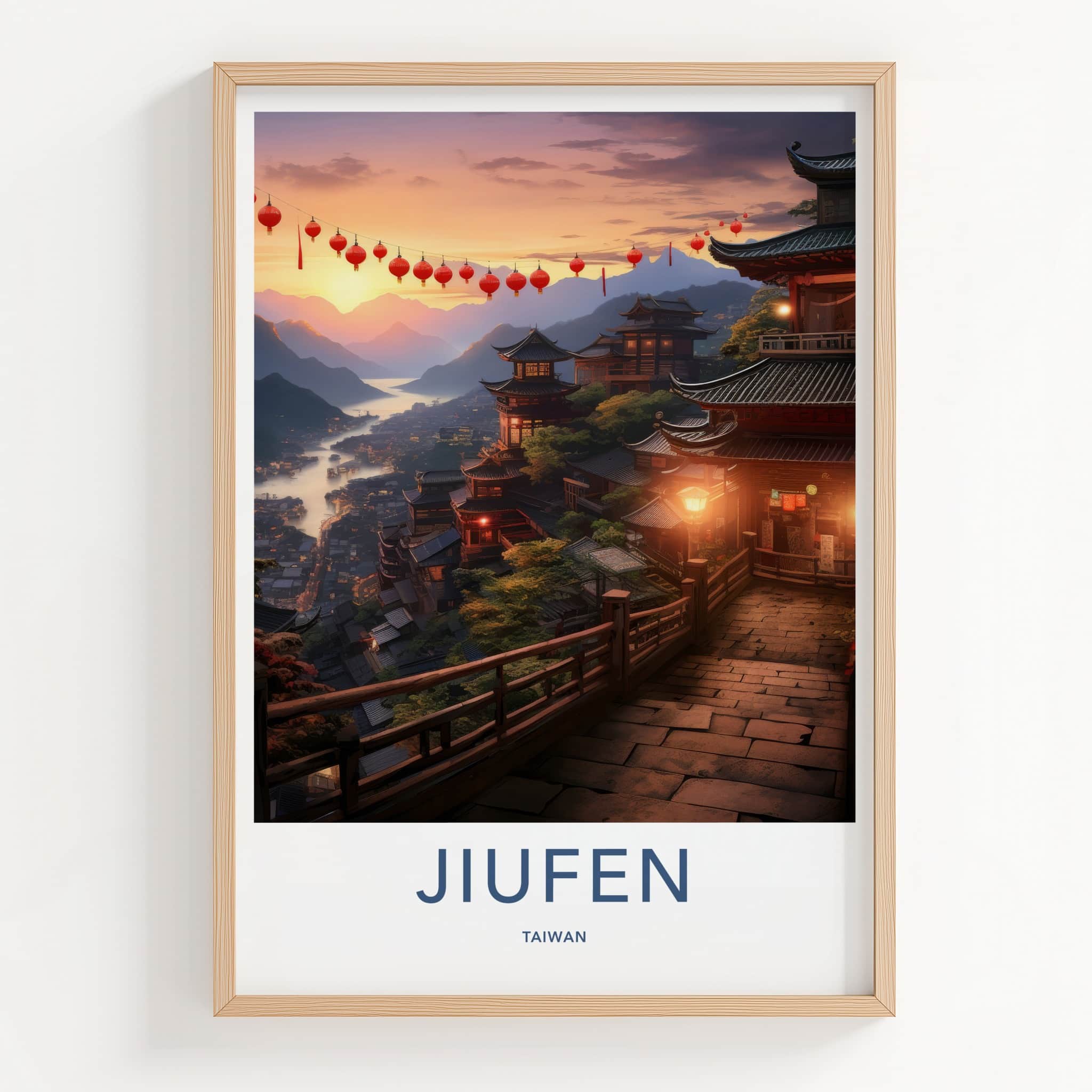 Jiufen Poster - Taiwan Travel Art - Lantern Lit Village Home Decor