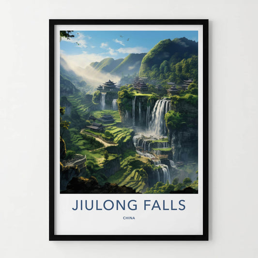 Jiulong Falls Poster - China Travel Art - Ancient Village Waterfalls Home Decor