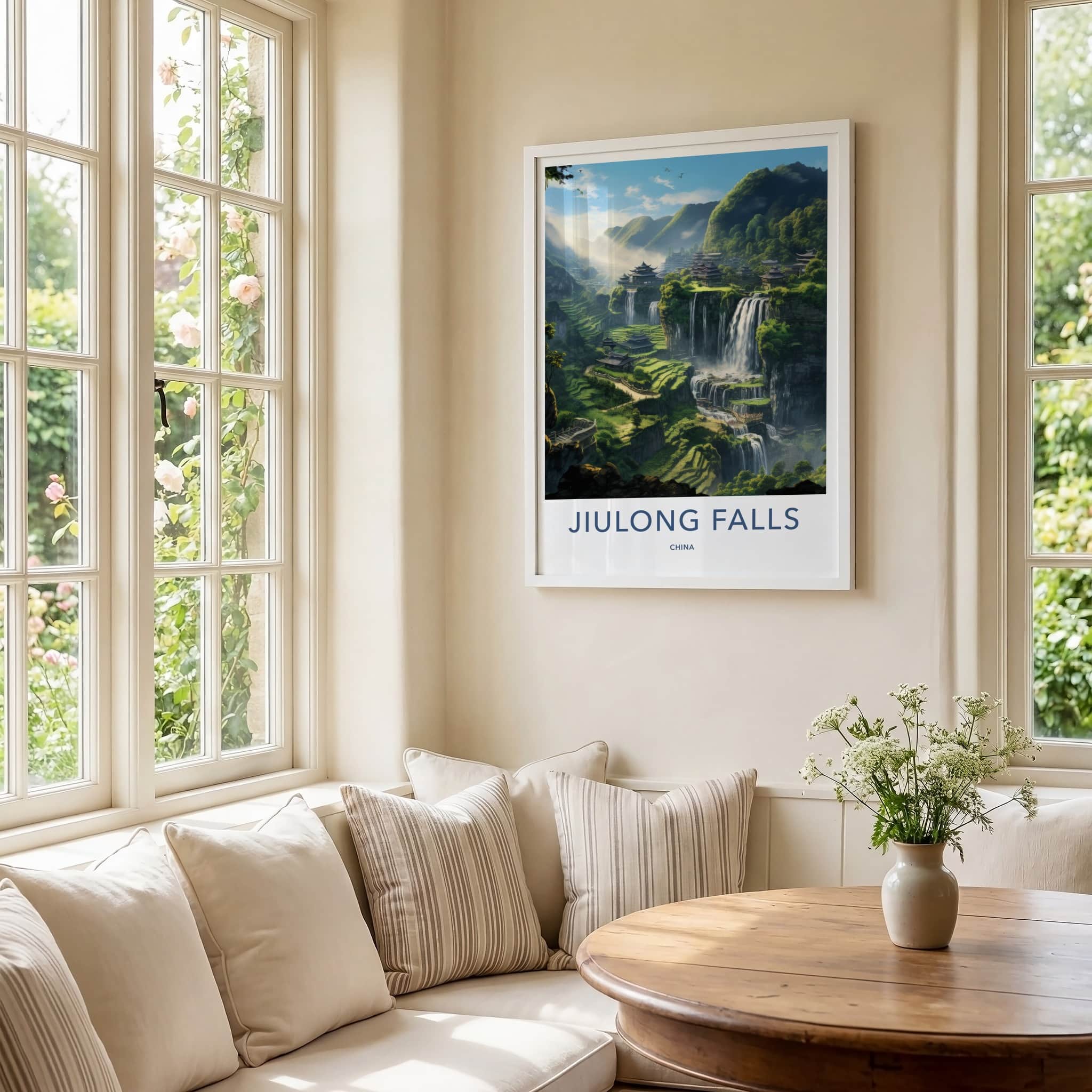 Jiulong Falls Poster - China Travel Art - Ancient Village Waterfalls Home Decor