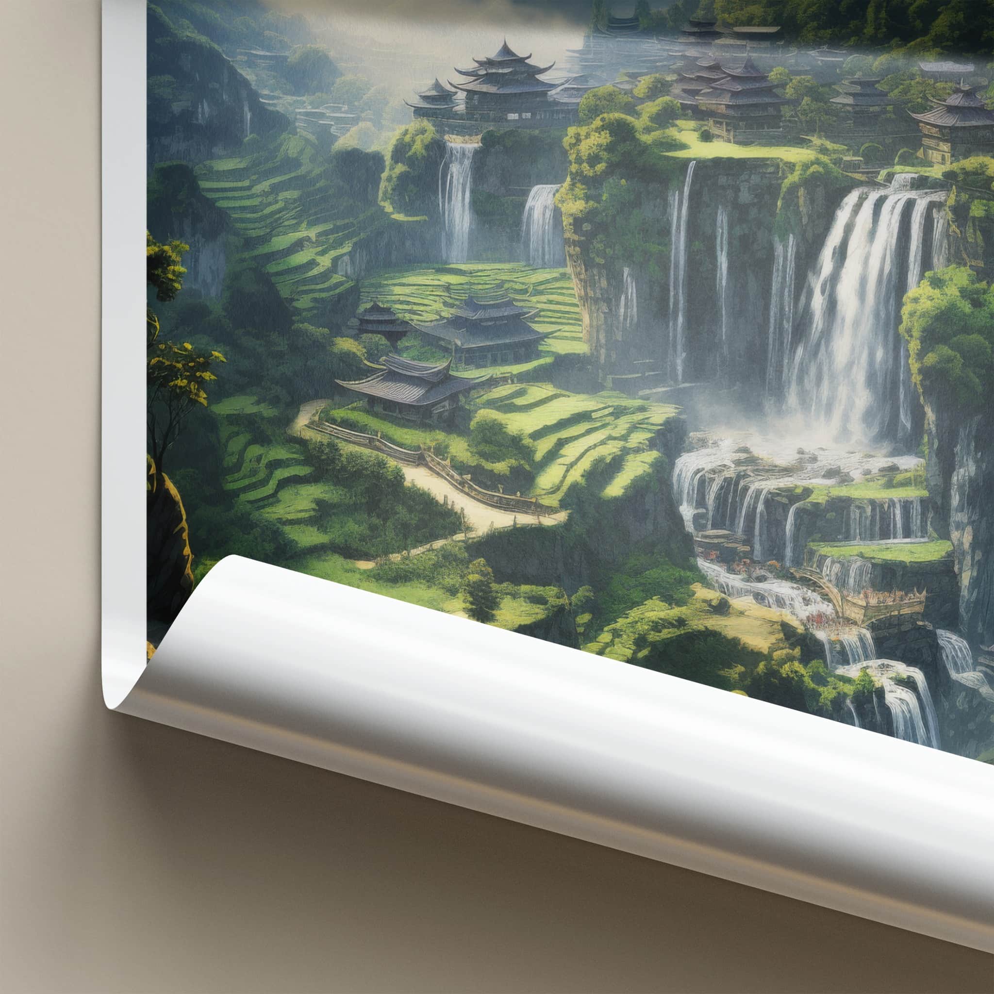 Jiulong Falls Poster - China Travel Art - Ancient Village Waterfalls Home Decor