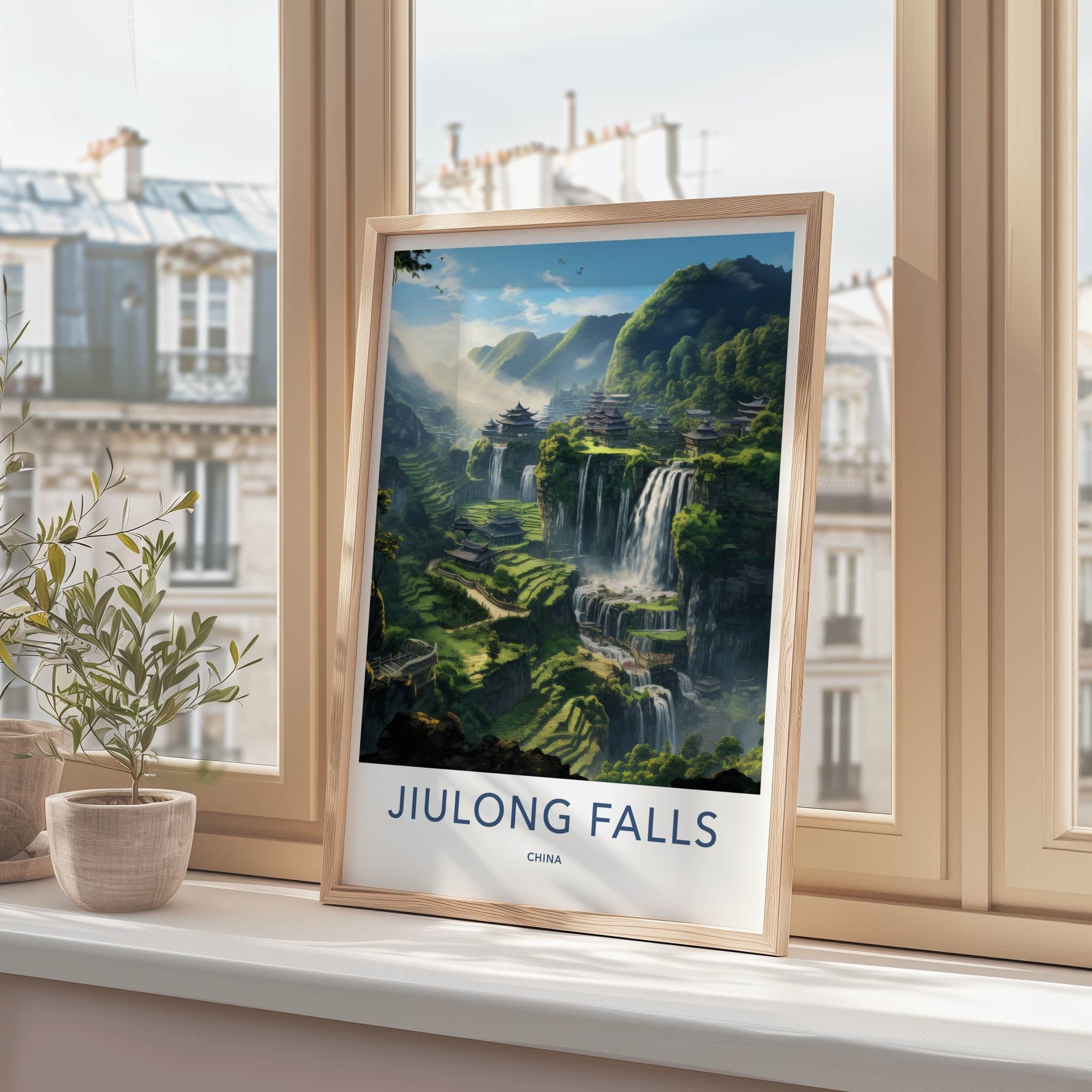 Jiulong Falls Poster - China Travel Art - Ancient Village Waterfalls Home Decor