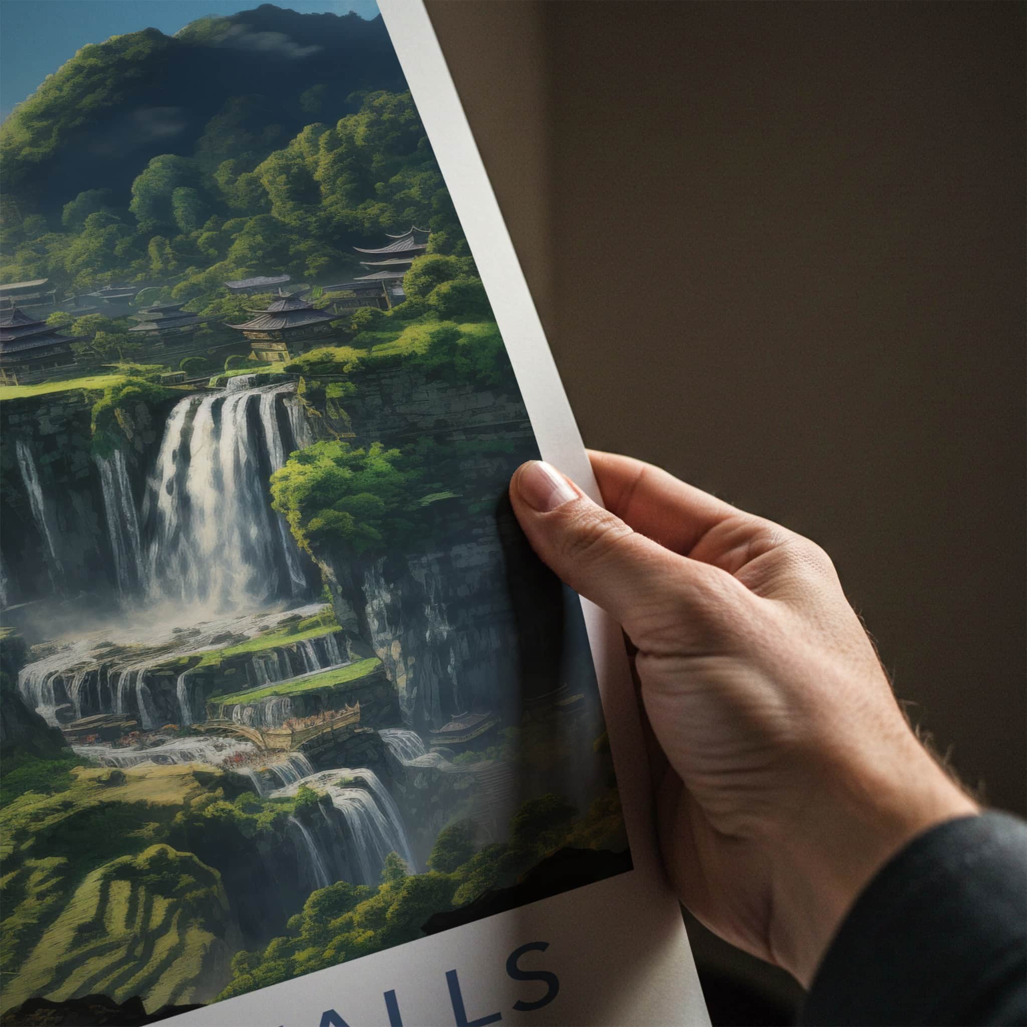Jiulong Falls Poster - China Travel Art - Ancient Village Waterfalls Home Decor