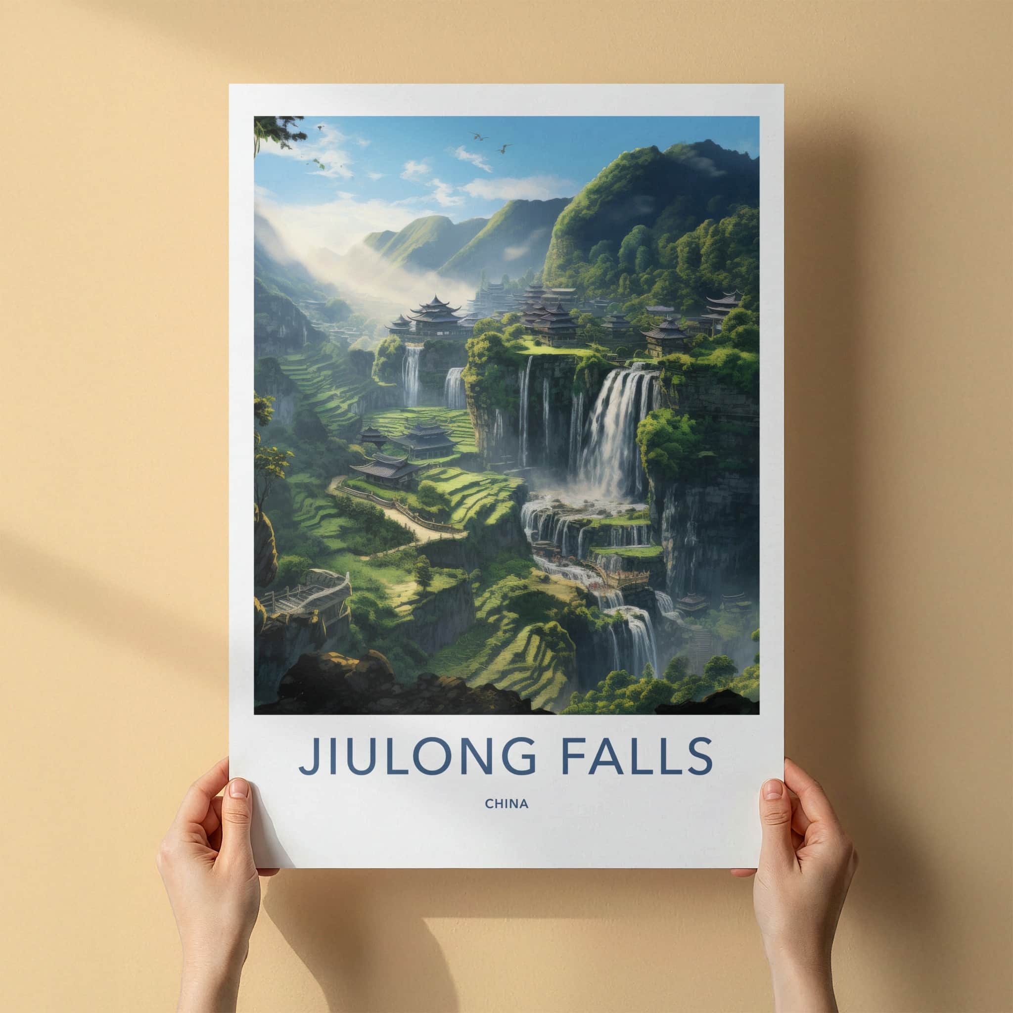 Jiulong Falls Poster - China Travel Art - Ancient Village Waterfalls Home Decor