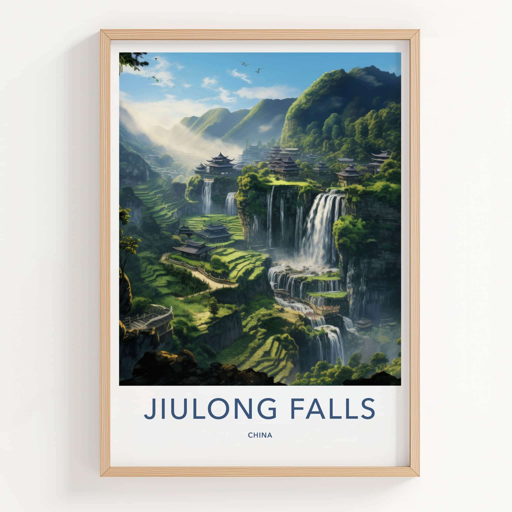 Jiulong Falls Poster - China Travel Art - Ancient Village Waterfalls Home Decor